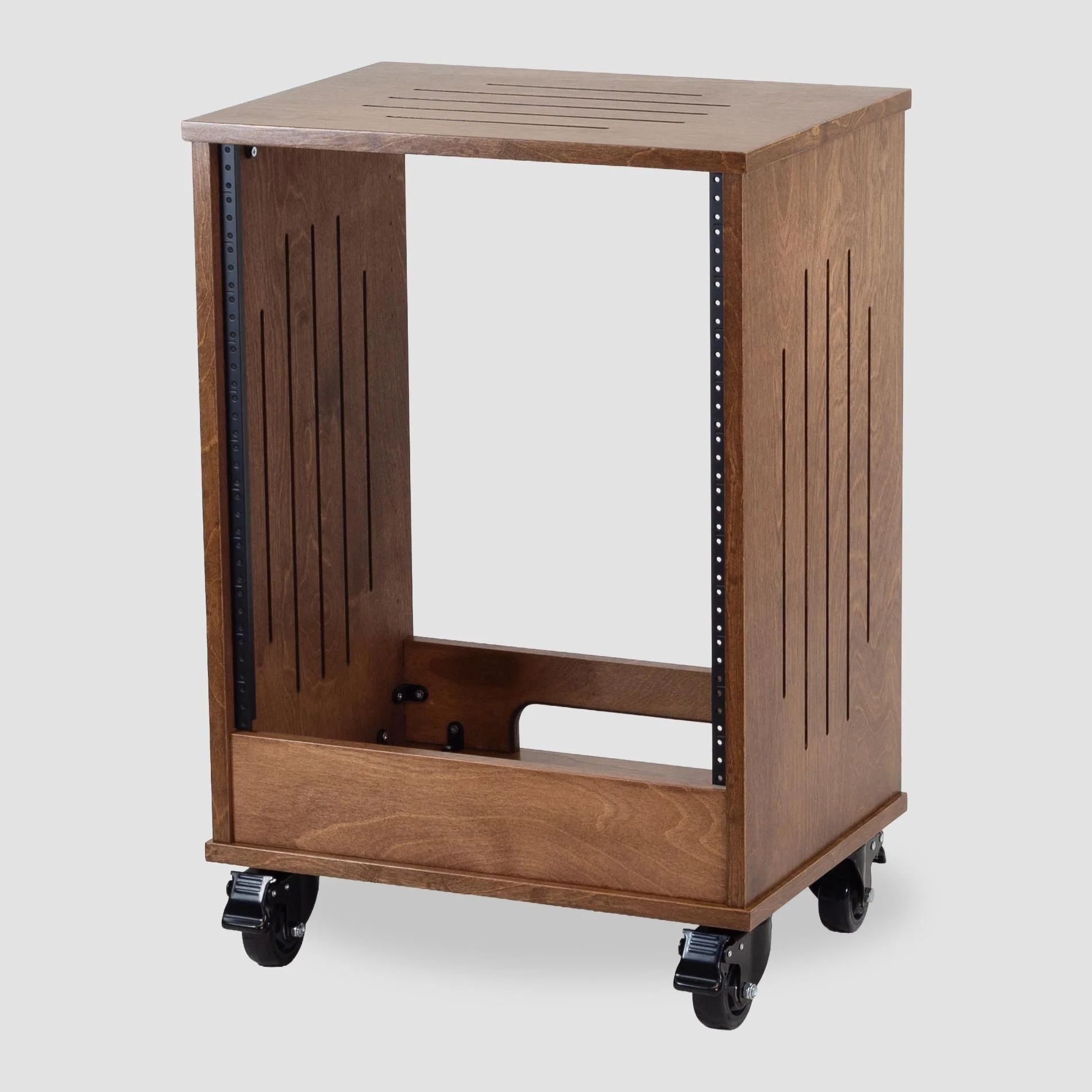 Single straight Dark Walnut 12U floor-standing wood studio rack with vents and casters — Gear Hive Traditional Racks