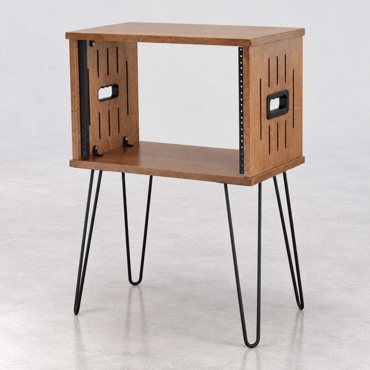 Single straight Dark Walnut 8U wood studio rack with side vents, handles and 16" hairpin legs — Gear Hive Traditional Racks