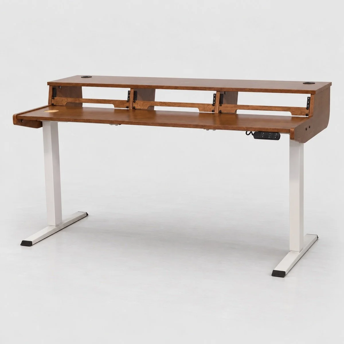 Tamagotchi American Walnut sit/stand 3-bay recording studio desk with electric lift and white frame — Gear Hive