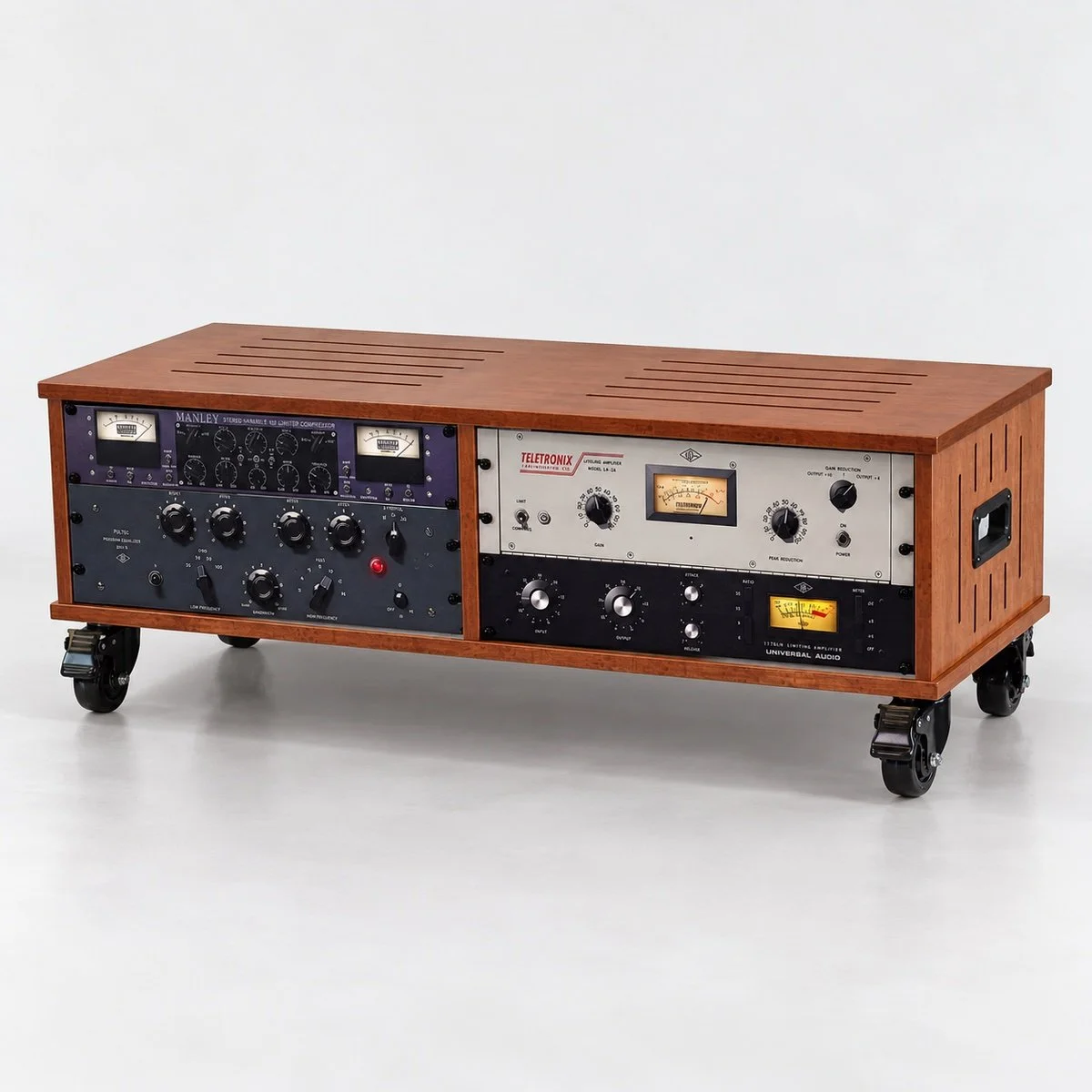 Dual straight Cognac 2x5U wood studio rack with vents, handles, and casters— Gear Hive Traditional Racks.jpg