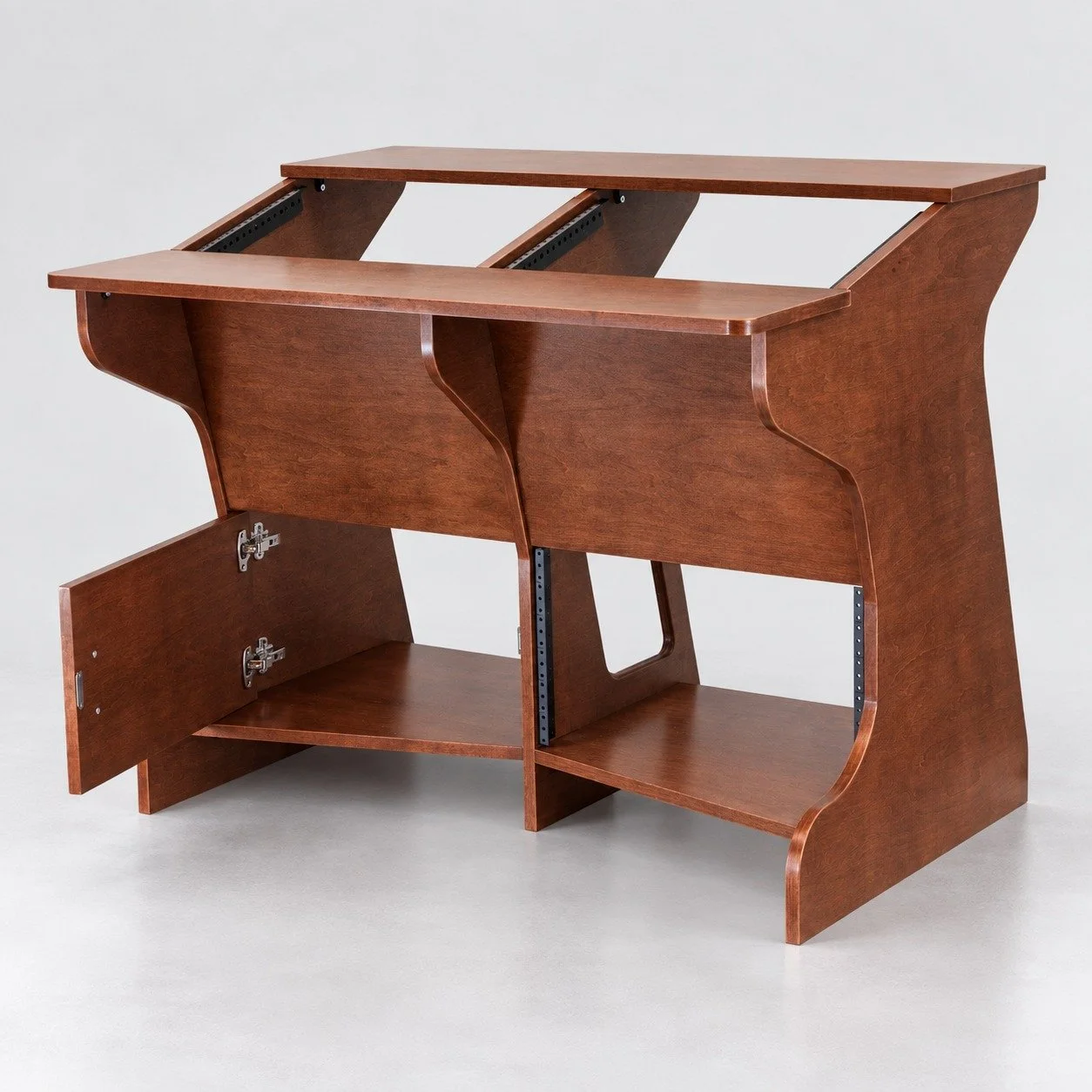 London 2 Carrington recording studio desk with rack bays and monitor bridge and one door open — Gear Hive