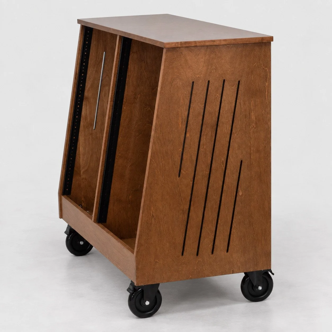 Dual slanted Dark Walnut 2x16U wood studio rack with side vents and casters side view — Gear Hive Traditional Racks