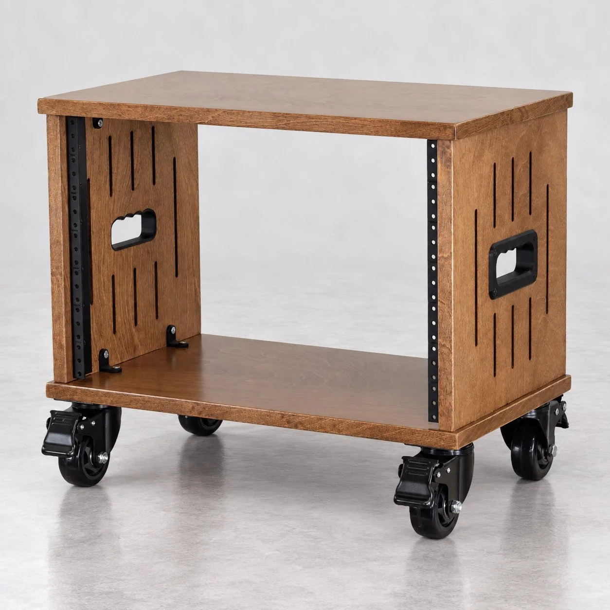 Single straight Dark Walnut 8U wood studio rack with side vents, handles and casters — Gear Hive Traditional Racks