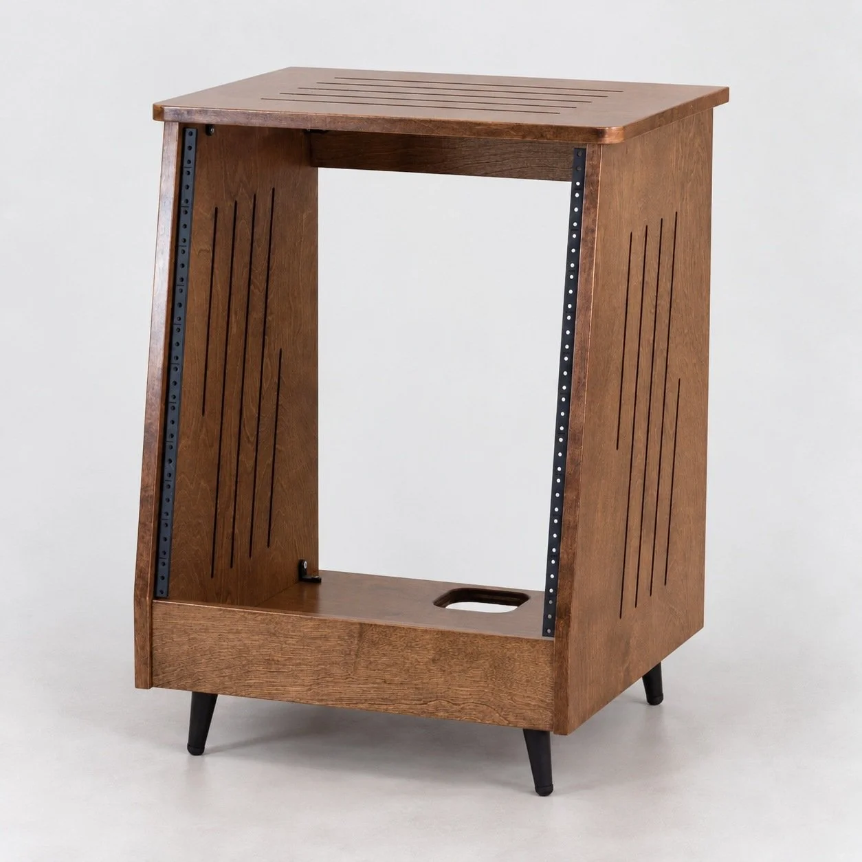 Single slanted Dark Walnut 12U wood studio rack with side vents and 4" steel tapered legs — Gear Hive Traditional Racks