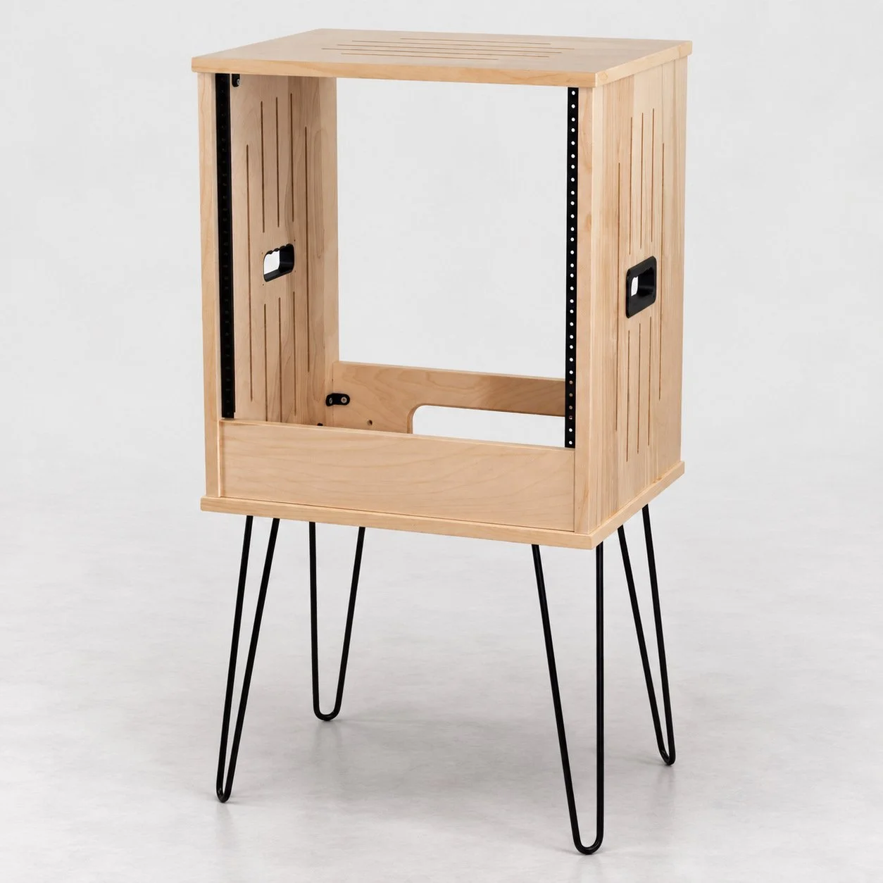 Single straight Natural 10U wood studio rack with handles and 16" hairpin legs — Gear Hive Traditional Racks
