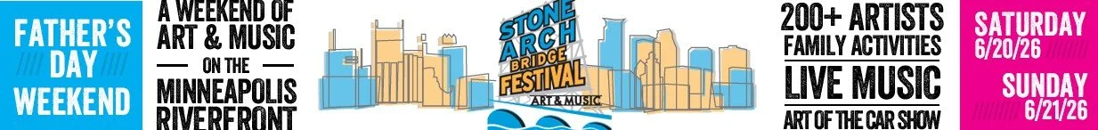 Festival poster featuring details of an art and music event, including dates June 20-21, 2026, with activities like live music, art exhibits, family activities, and the Stone Arch Bridge Festival in Minneapolis, Minnesota.