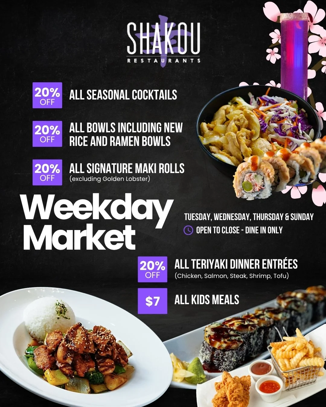 From 4:30pm to 6:00pm   everyday  .   Enjoy many   of your Shakou favorite food and beverage items at   specially reduced pricing.  See the the New for Dinner page for a complete list of reduced price items.