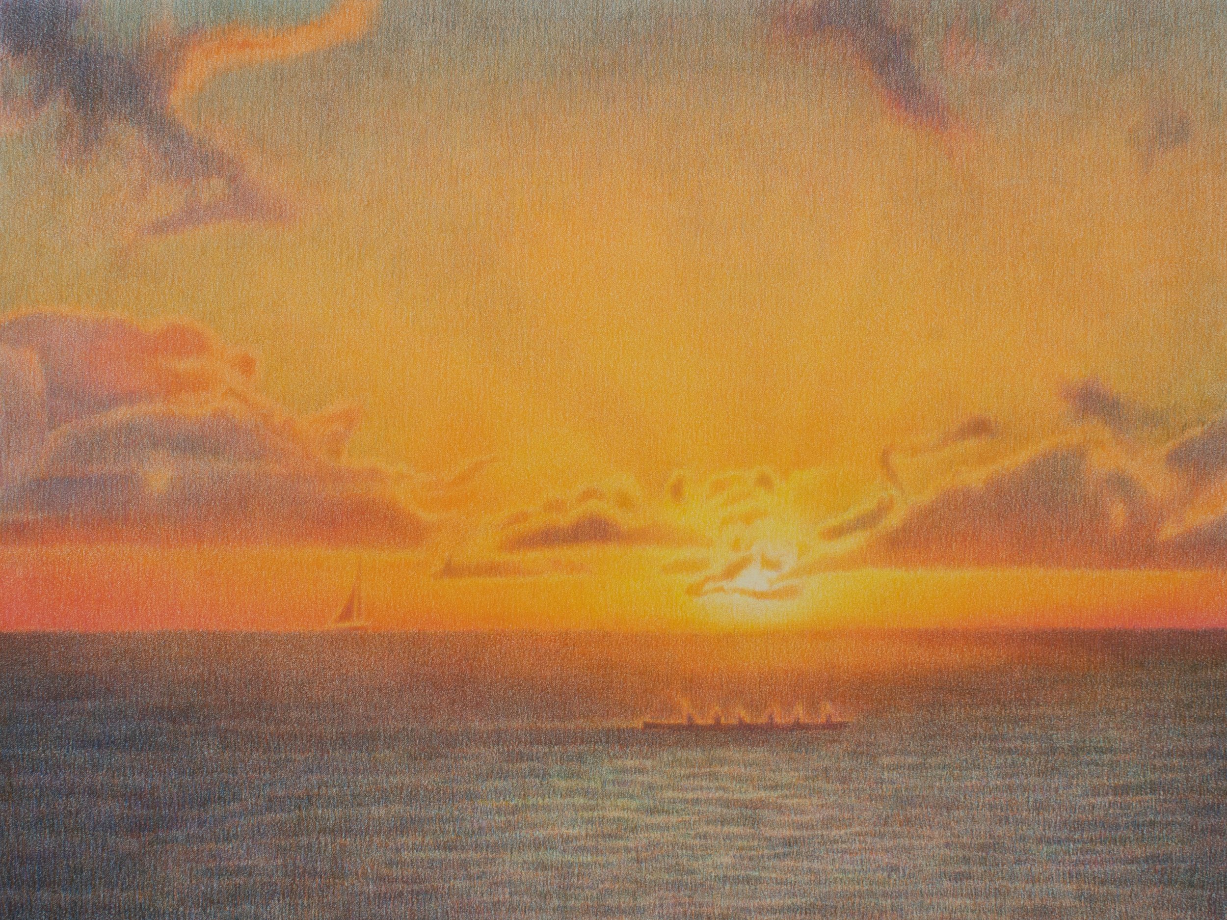 Sunset Over Waikiki, 2025, Colored Pencil on Paper, 24" x 18"