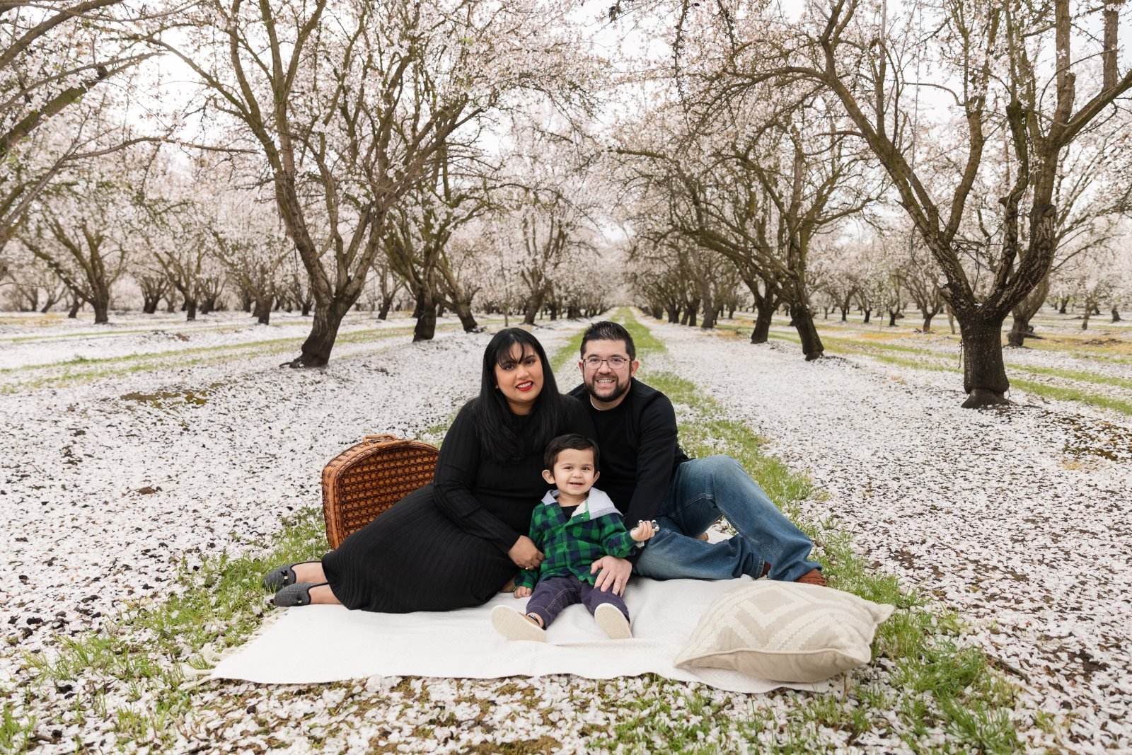 A family of 3 sits on a blanket at an almond blossom tree orchard. They pose looking at the camera happily while the surrounding landscape is full of cherry blossom petals. They wear black clothing to create contrast against the pink-peach flowers.