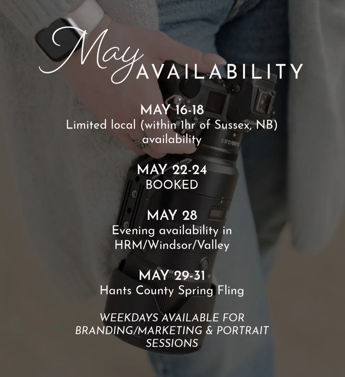 Upcoming availability for the rest of May 🤍
I&rsquo;ll be releasing video sign-ups for Spring Fling next week, and have evening availability in Windsor/HRM/the Valley on the evening of the 28th. Send me a message to snap up this time slot! ✨