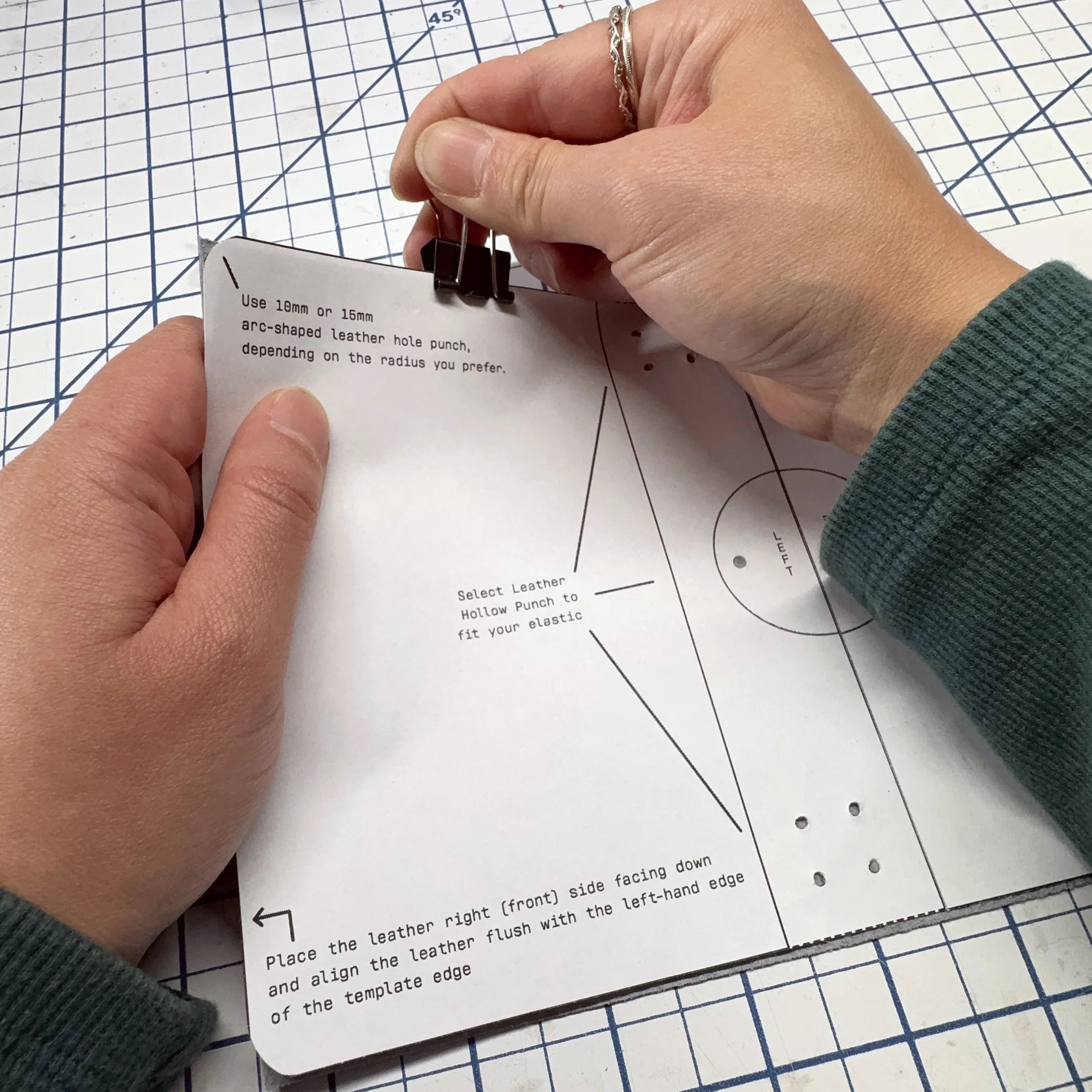 Clip template to leather
