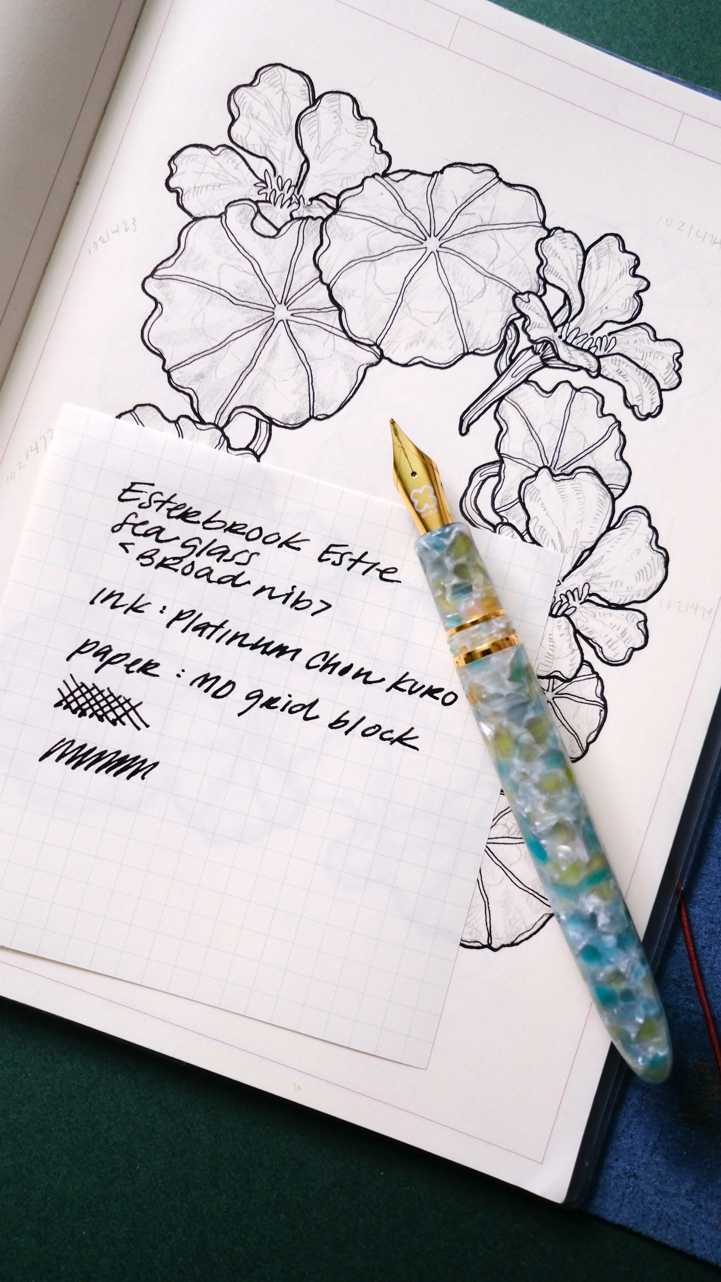 Esterbrook Estie Sea Glass fountain pen with broad nib on Midori MD paper.