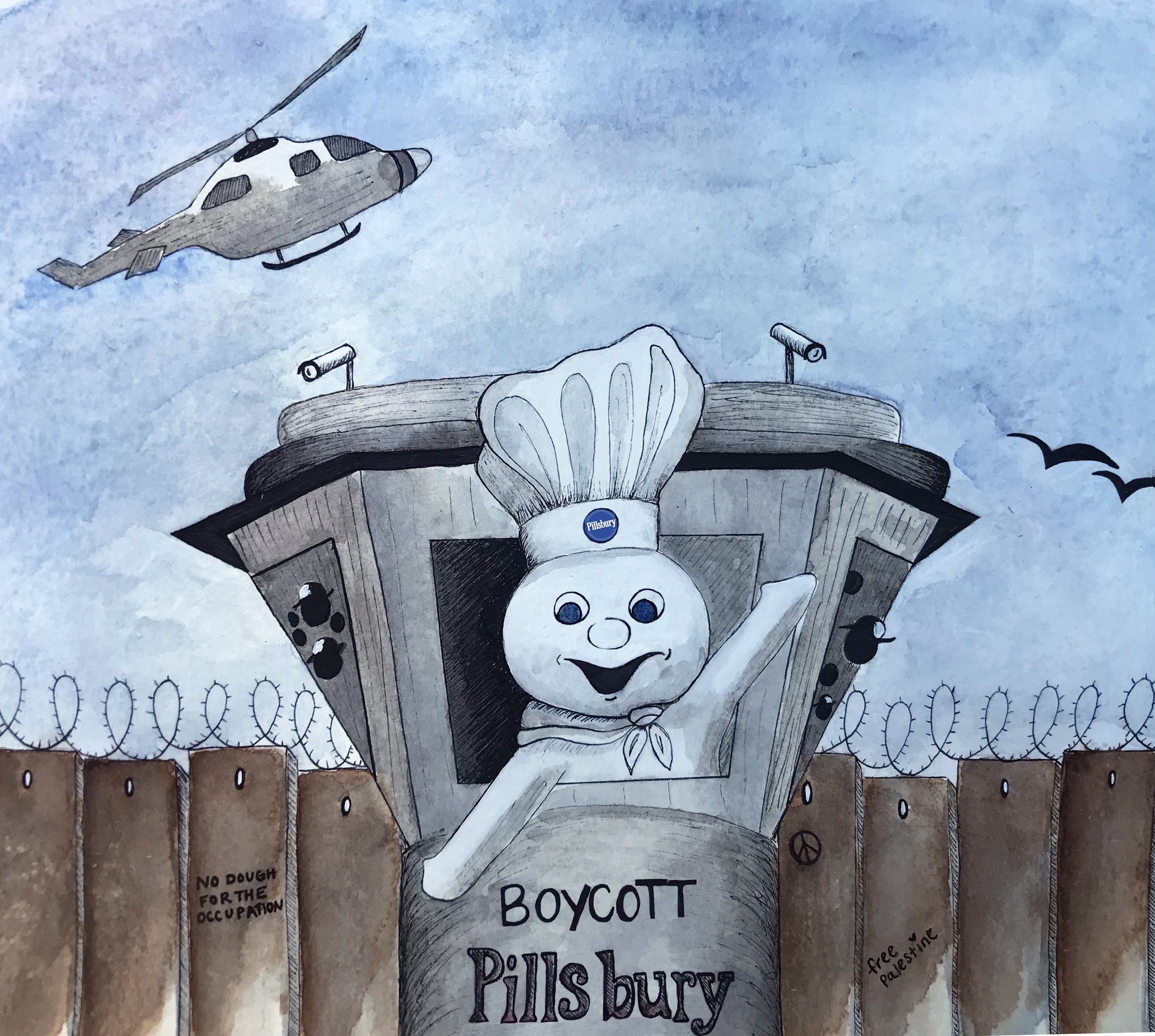 A drawing of a Pillsbury Doughboy wearing a chef's hat with the Pillsbury logo, standing next to a barbed wire fence with a sign saying 'No Dough for the occupation' and 'Free Palestine'. A helicopter is flying in the sky, and two birds are flying ne