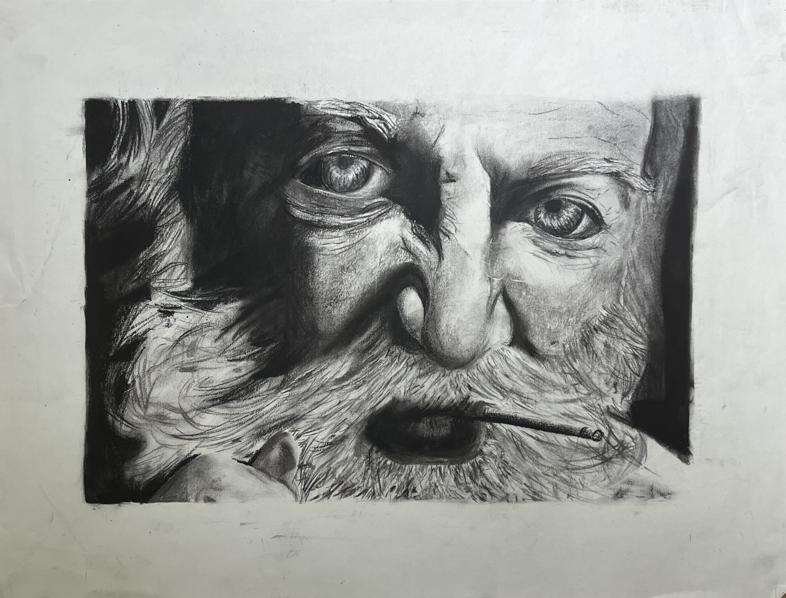 A detailed black and white pencil drawing of an elderly man with a bushy beard, with a cigar in his mouth, and expressive eyes.
