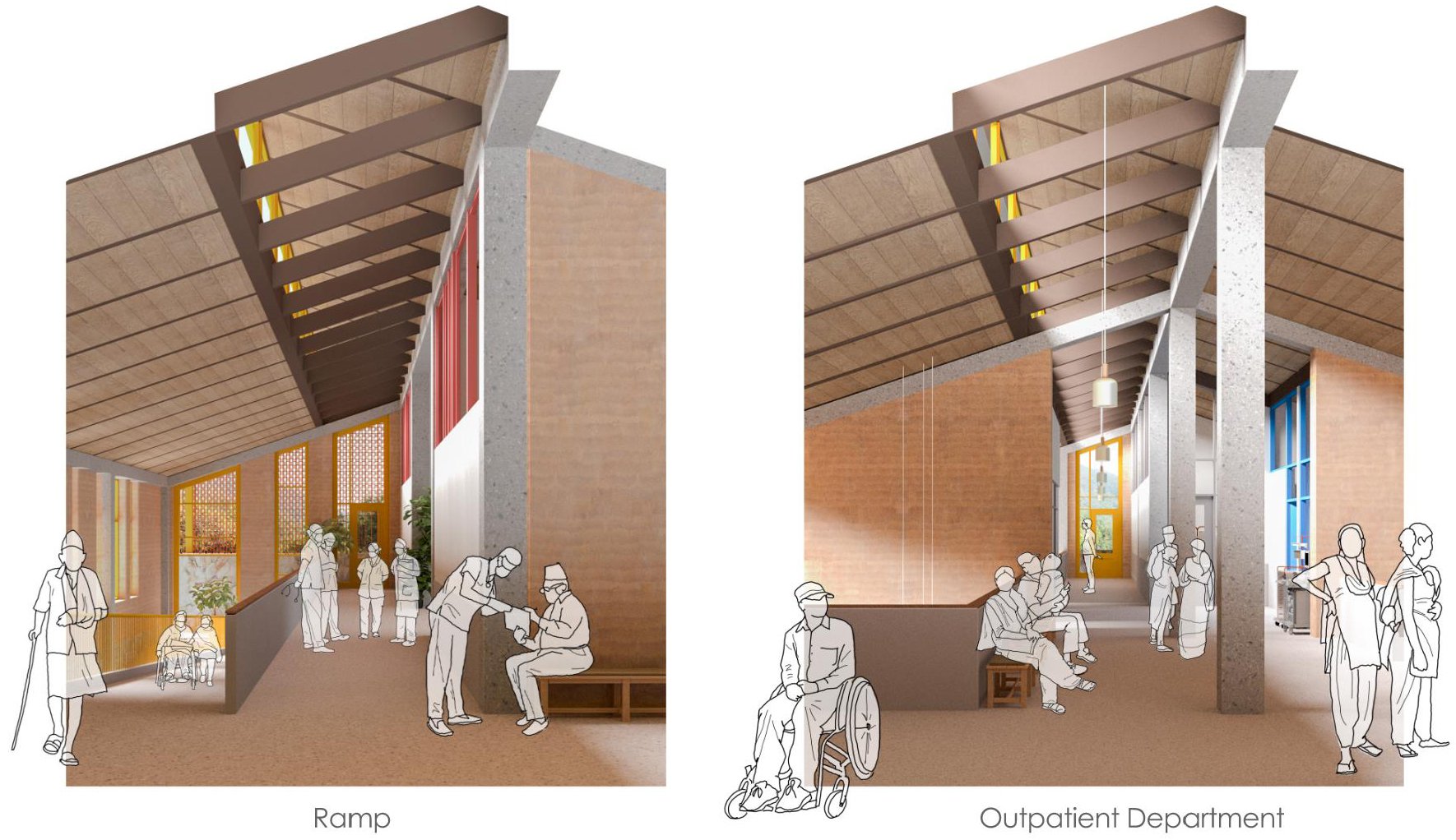 Interior views of the Helambu Hospital, with natural light from tall clerestory windows.