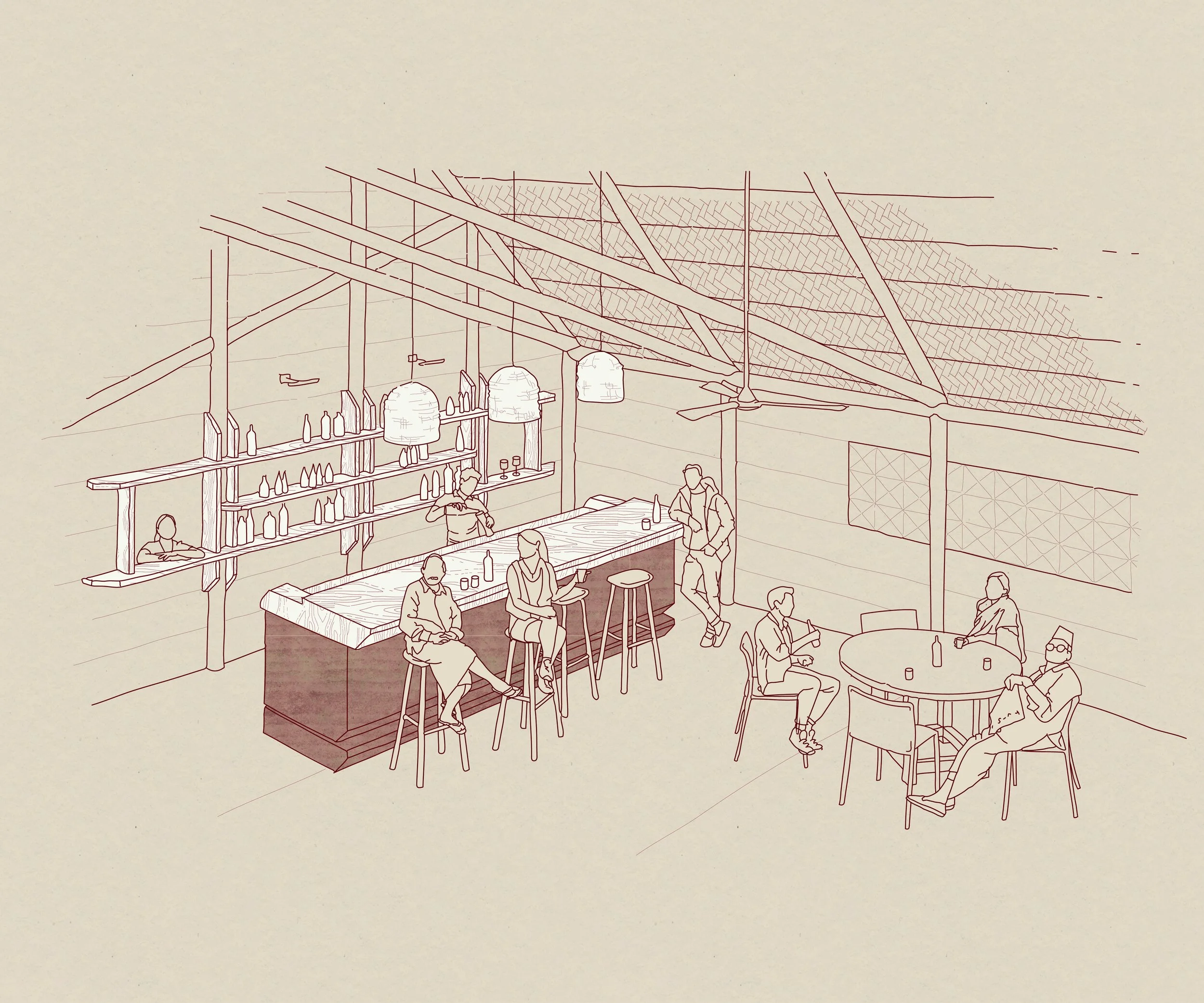 Line drawing of a bar or cafe interior with people seated at tables, shelves with bottles, and an exposed ceiling with beams and light fixtures.
