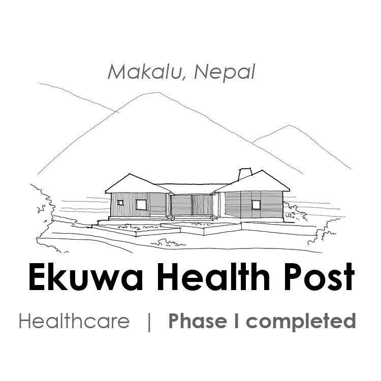 Line drawing icon of the Ekuwa Health Post, a healthcare project in rural Nepal completed in 2026.