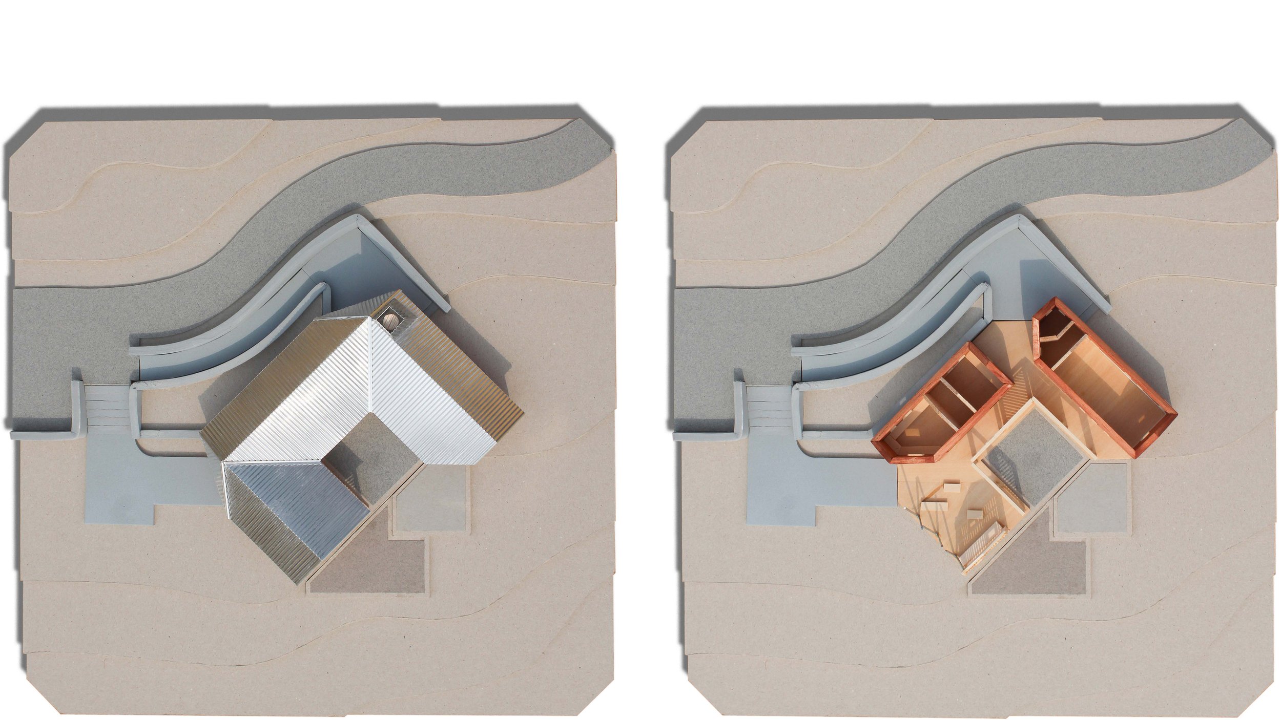 Side by side comparison of the Ekuwa Health Post model with and without the roof.