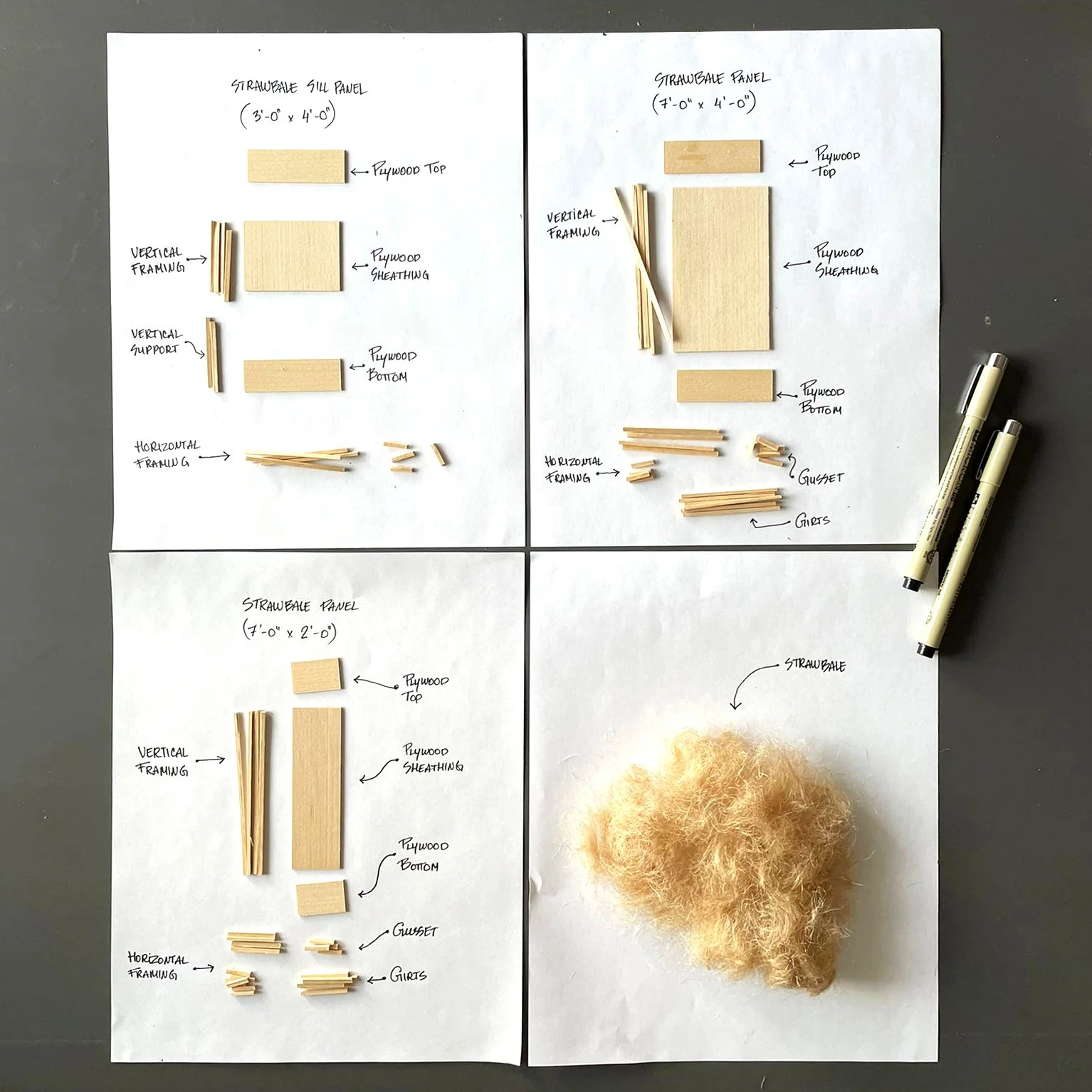 Construction of the Welcome House straw panel model, arranged and labeled for construction purposes.