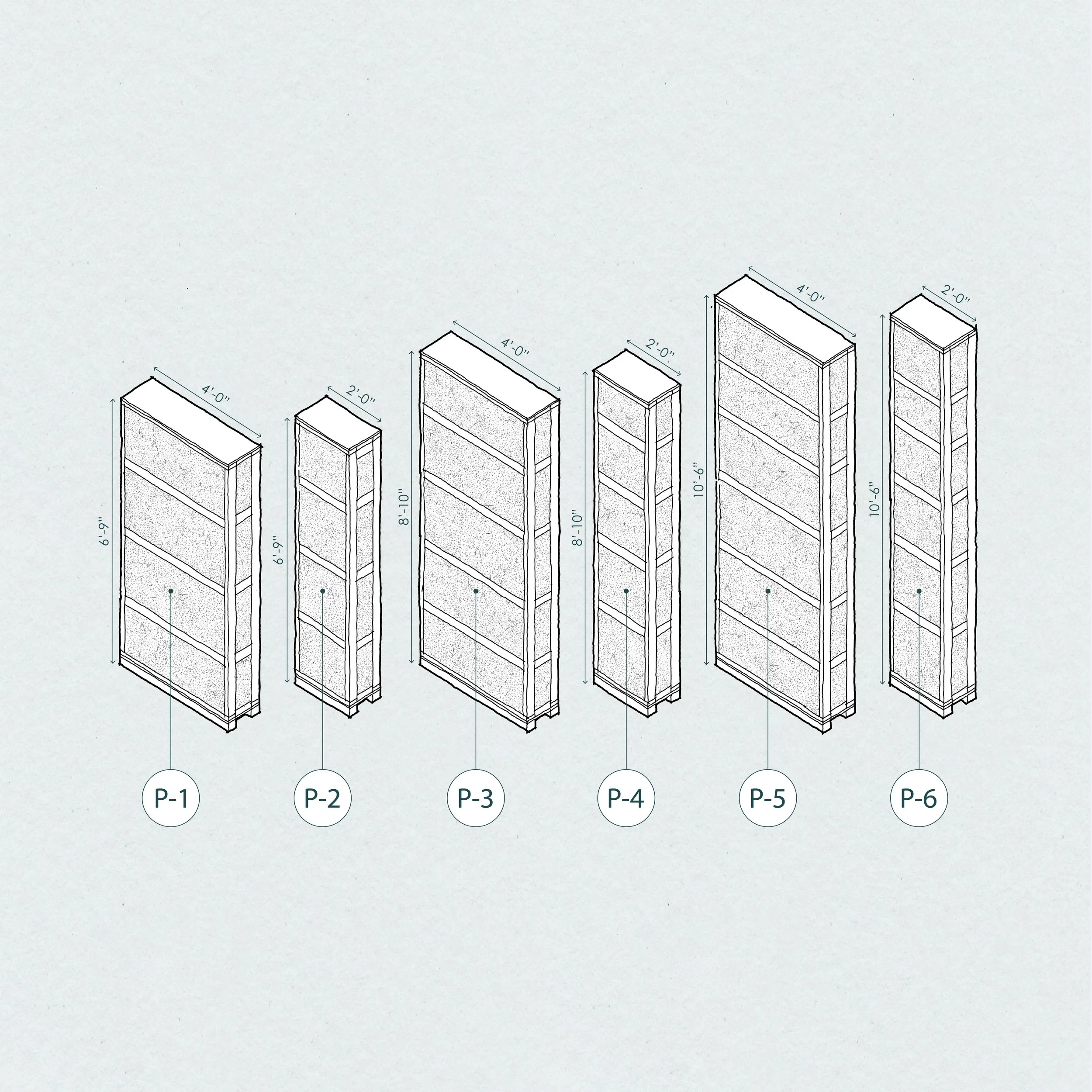 Drawing of the prefabricated panels of the Welcome House showing dimensions and measurements of the different panel types.
