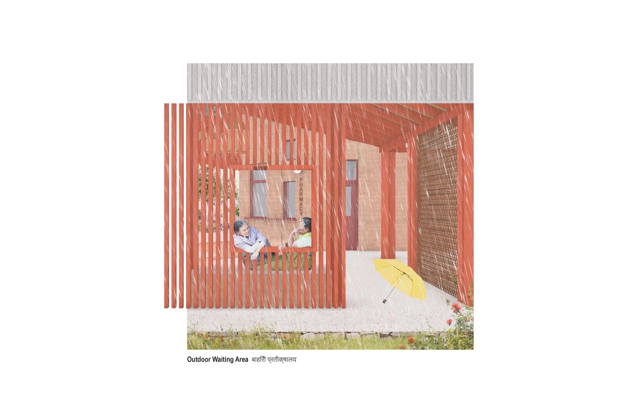 Rendered view of patients sitting on a bench in the outdoor waiting area of the Ekuwa Health Post.