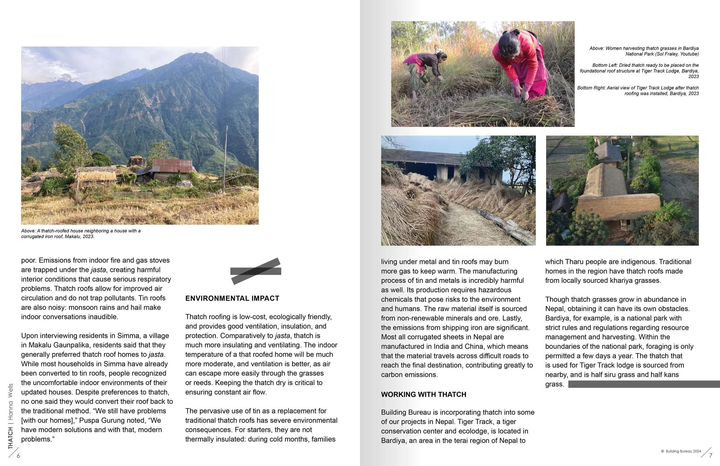 Collage of images showing women harvesting thatch grass and a thatch-roofed house with a mountainous landscape in the background.