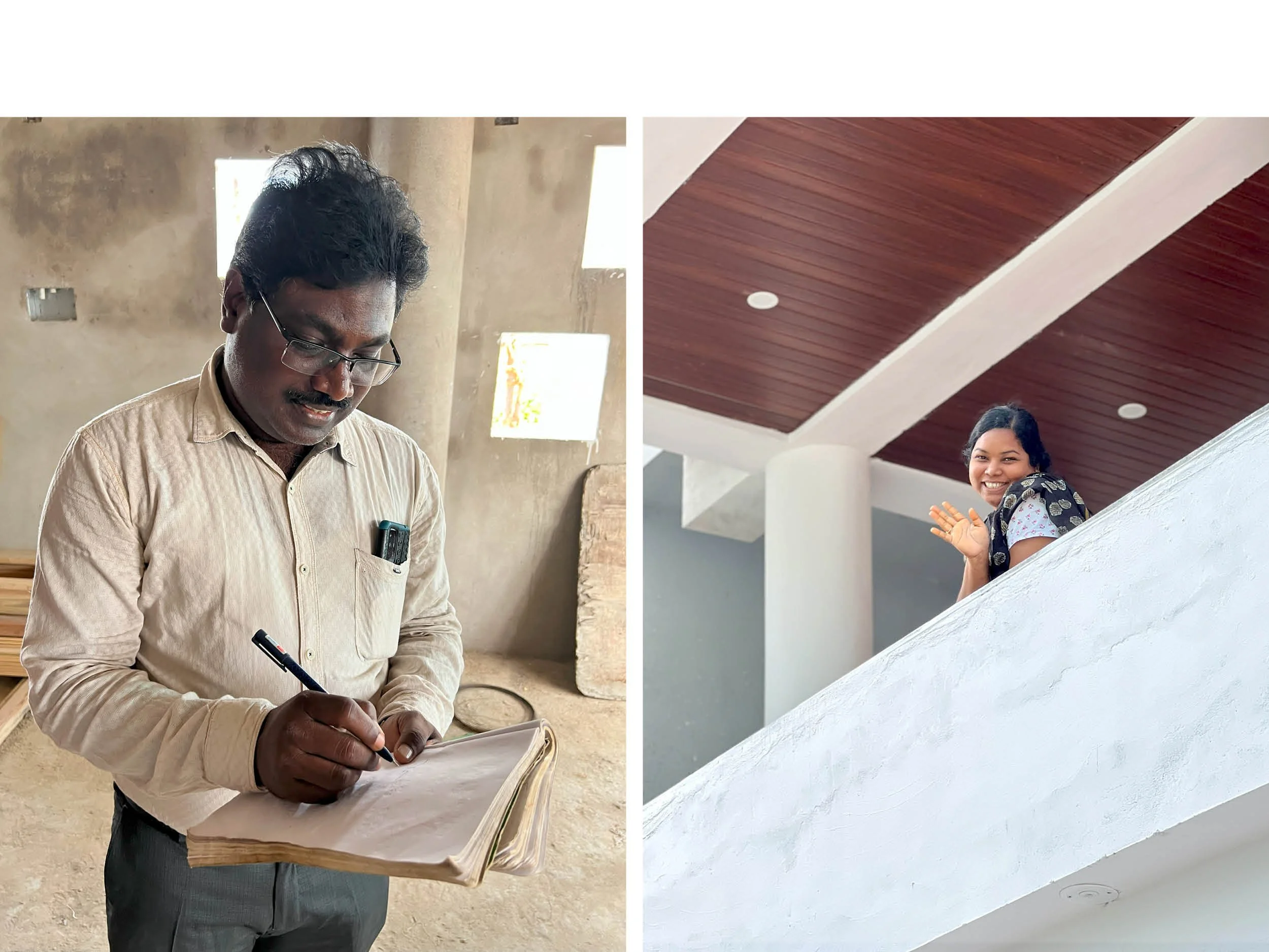 A collage of two photos: the left shows a man with glasses writing in a notebook in a rustic setting, the right shows a smiling woman leaning on a white railing under a wooden ceiling in a modern building.