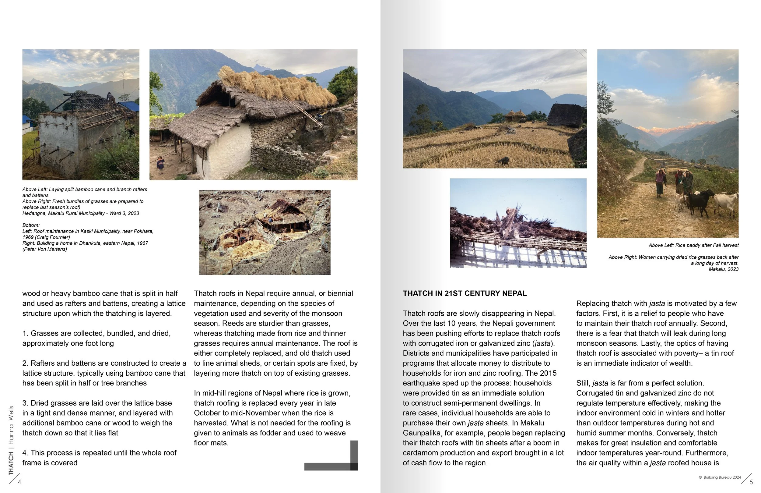 Several photographs of traditional Nepali rural scenes including thatched roofs, rice paddies, and women carrying dried grass, with mountainous backgrounds.