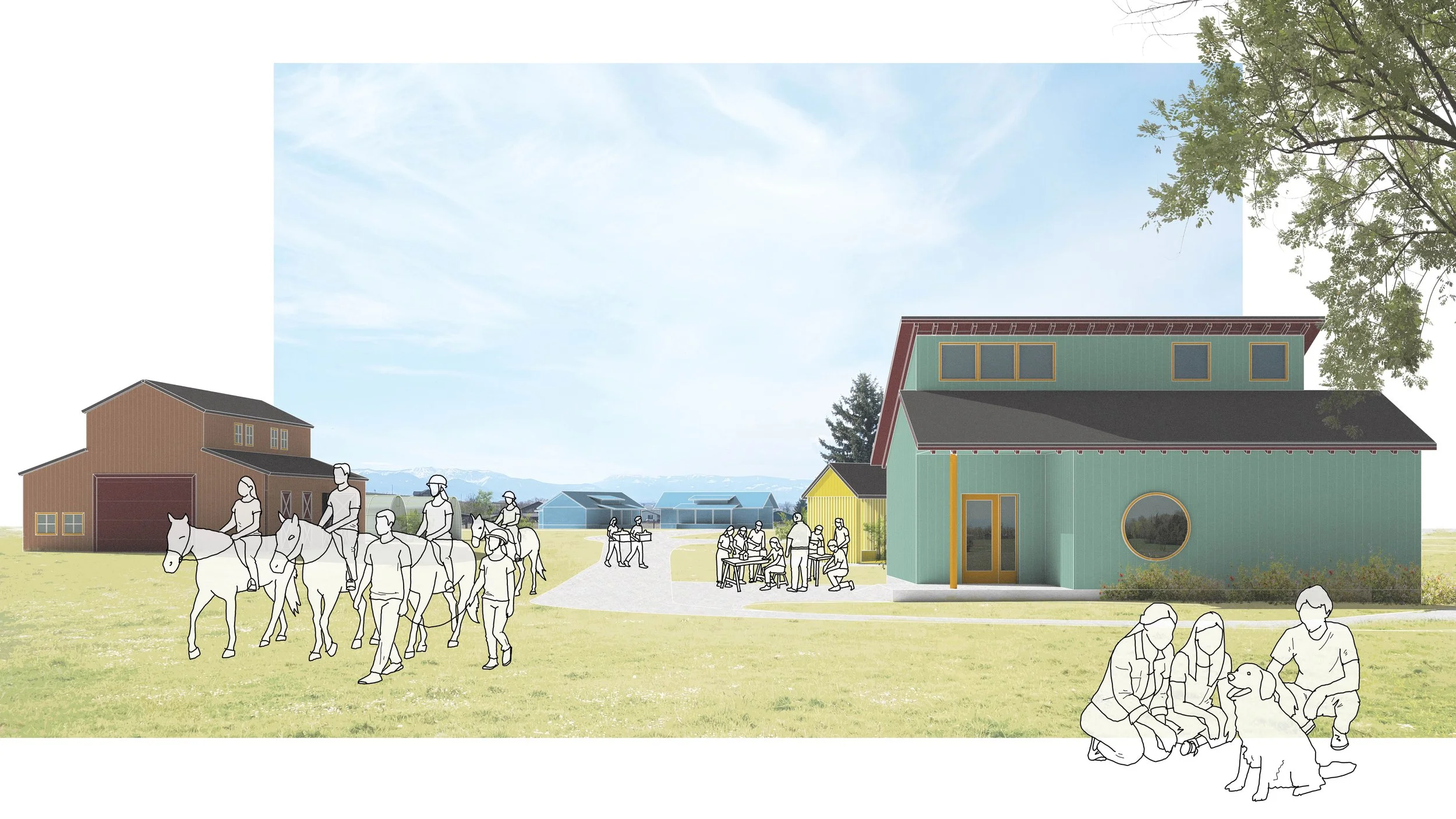 A digital rendering of the Lighthouse Ranch showing horses and featuring colorful barns, a large tree, and mountains in the background.