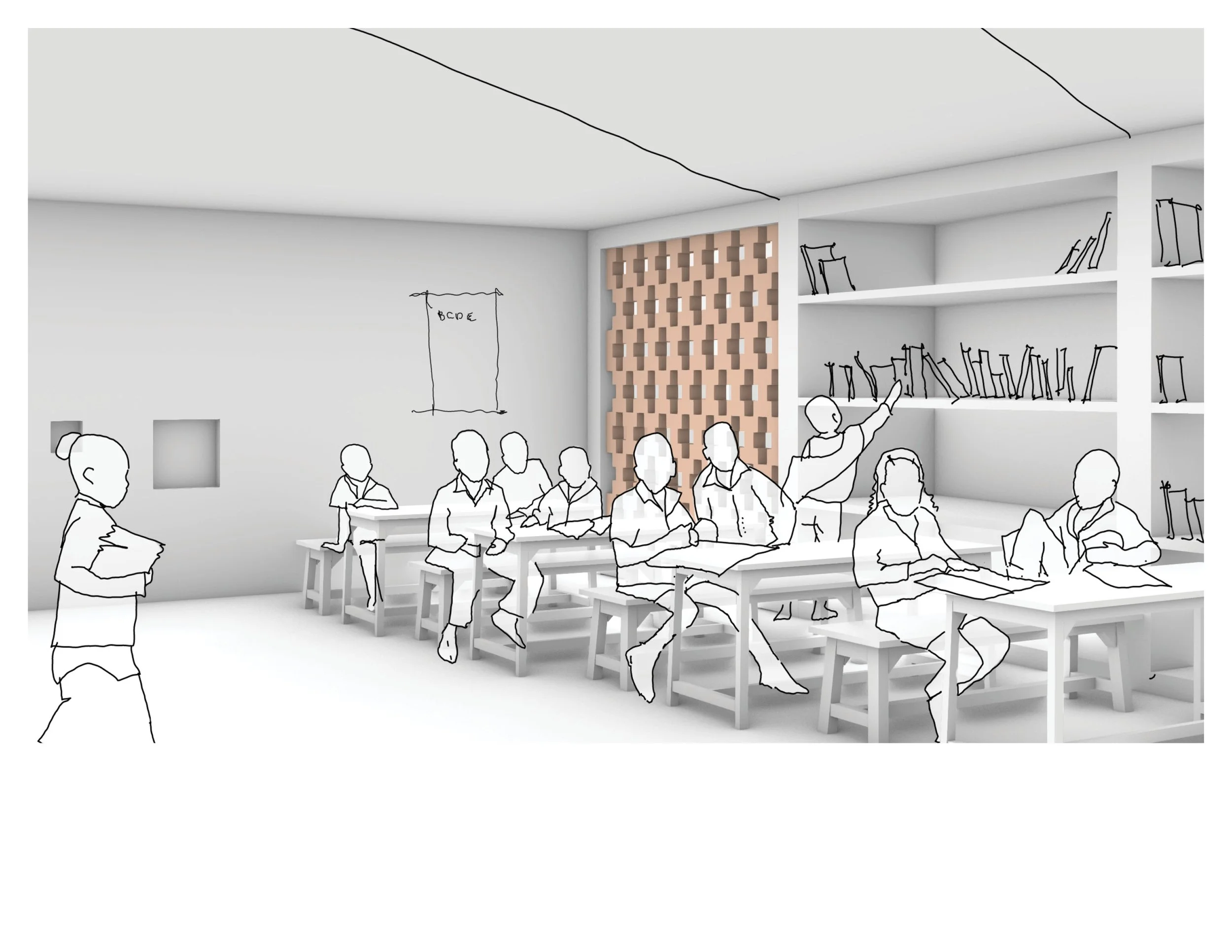 A classroom render showing students seated at desks, a teacher at the front, and shelves with books on the side wall.