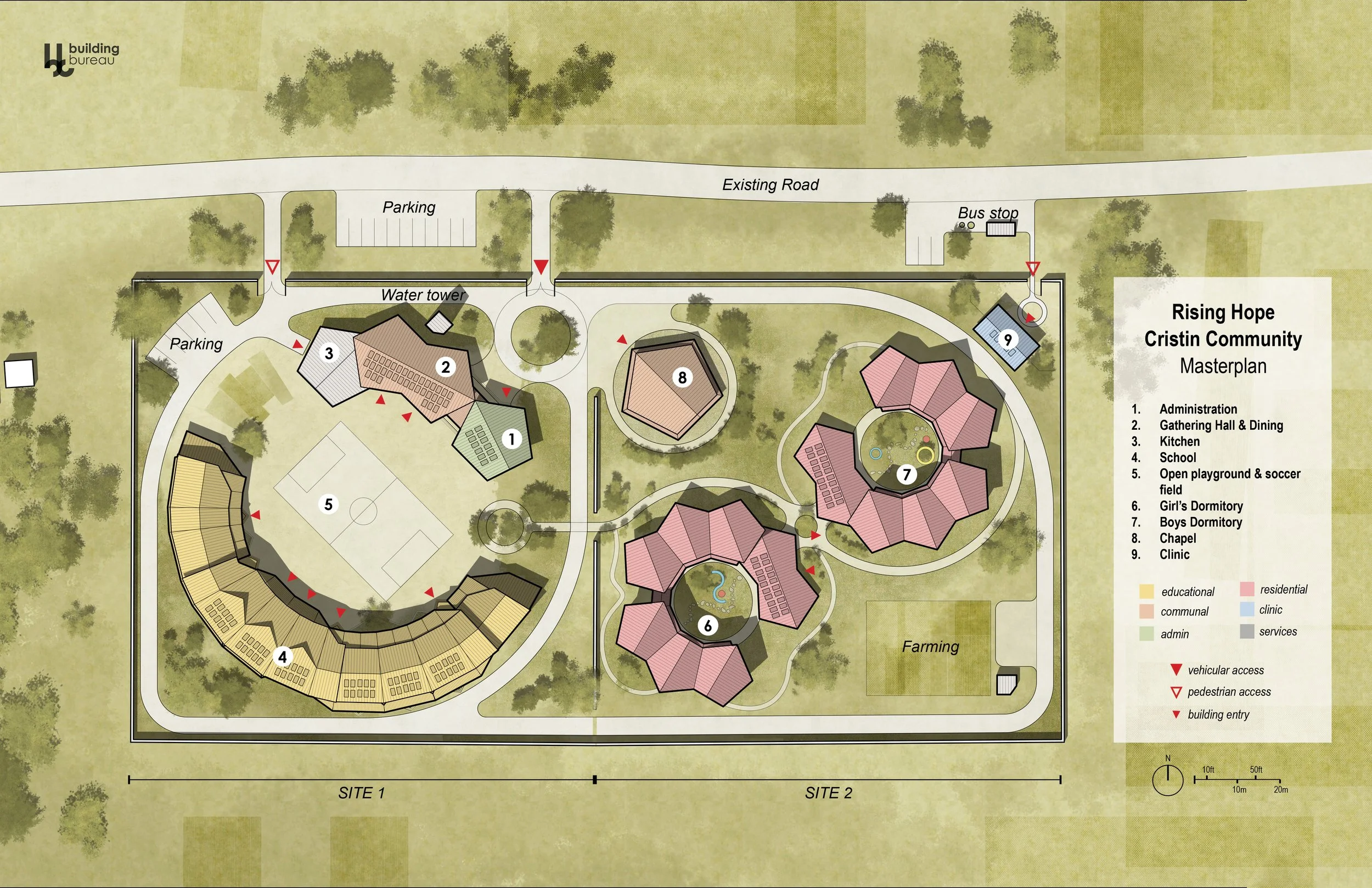 Master plan map for Rising Hope Community showing buildings, roads, parking areas, a water tower, playground, dormitories for girls and boys, a chapel, clinic, and farming area.