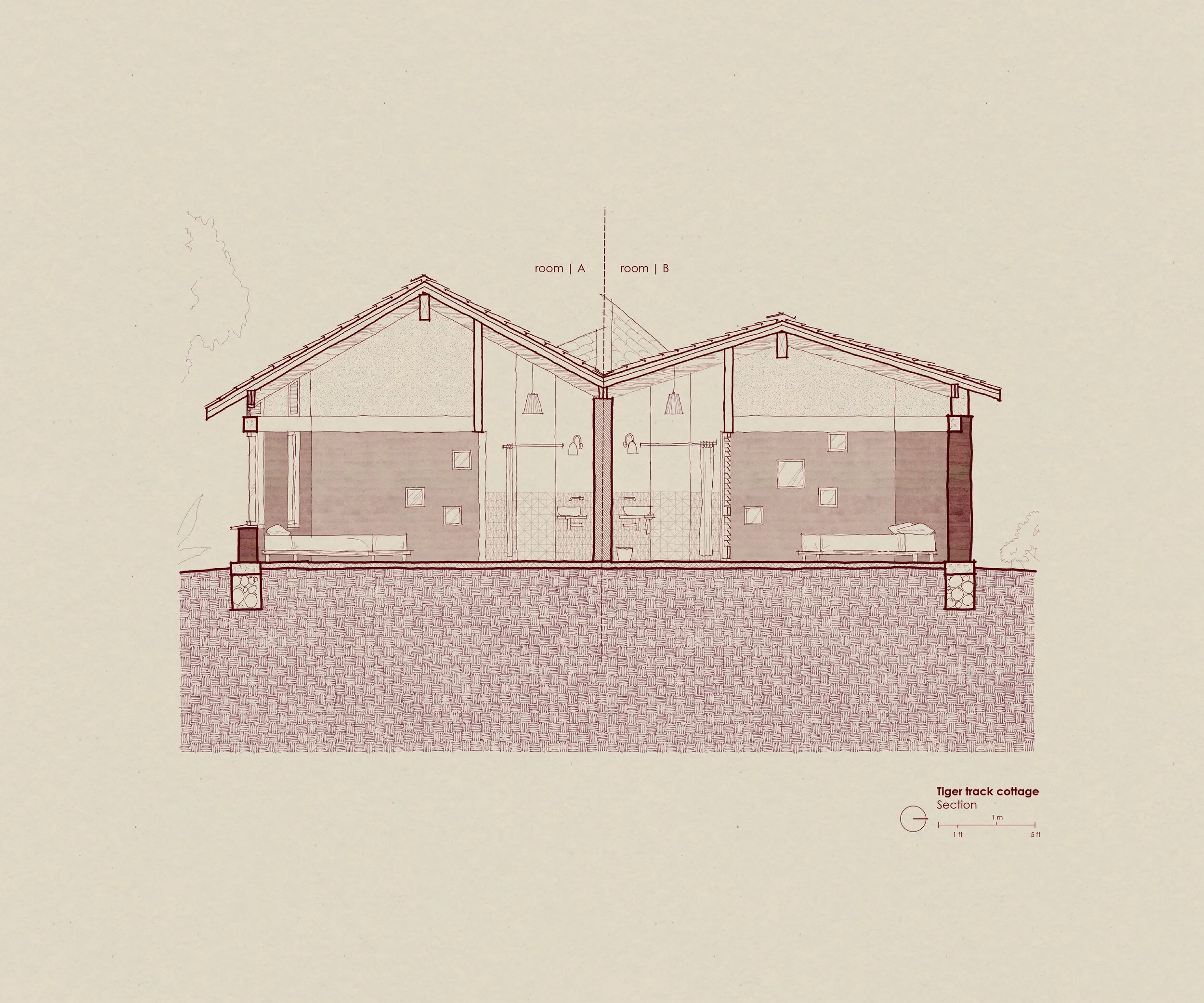 Architectural drawing of a cross section of a two-story cottage with a pitched roof. The drawing features details of the interior layout, structural elements, and construction materials, labeled with measurements and annotations.
