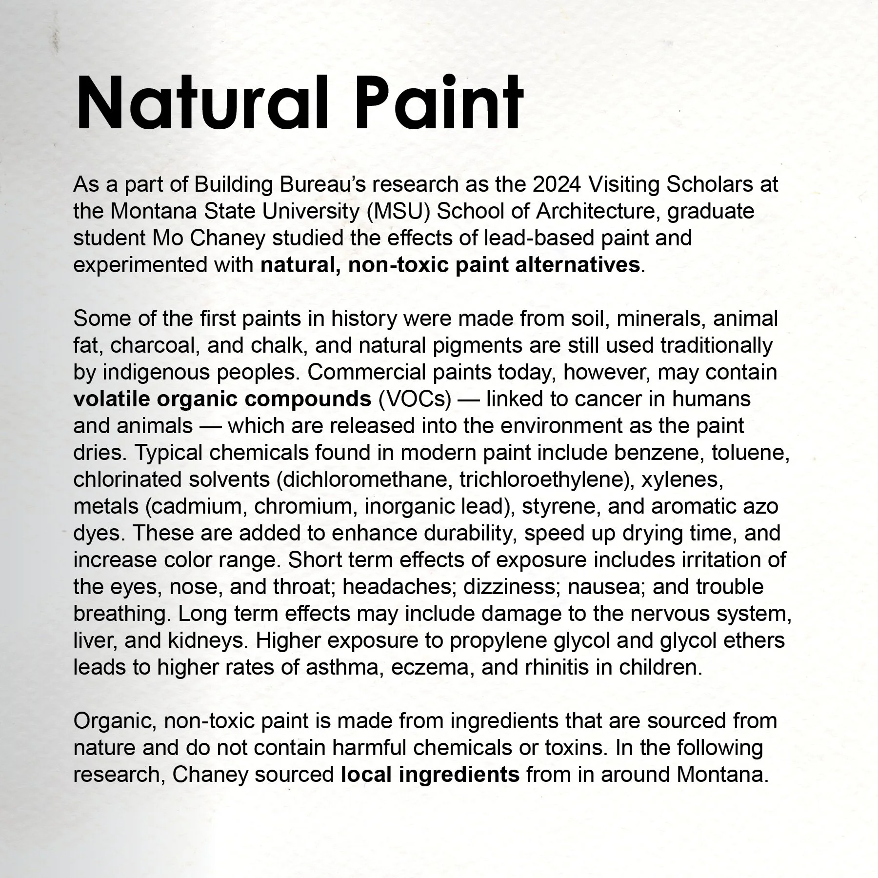 Text about natural paint research and its benefits, including details on ingredients, toxic effects, and research by Montana State University.