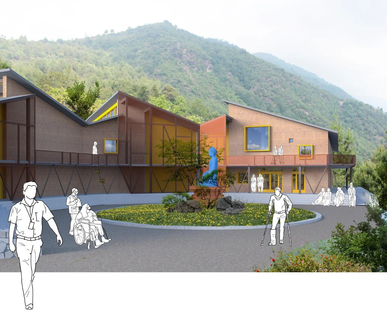 Rendering of the entry drive and Buddha Garden of the Helambu Health Post in Nepal.