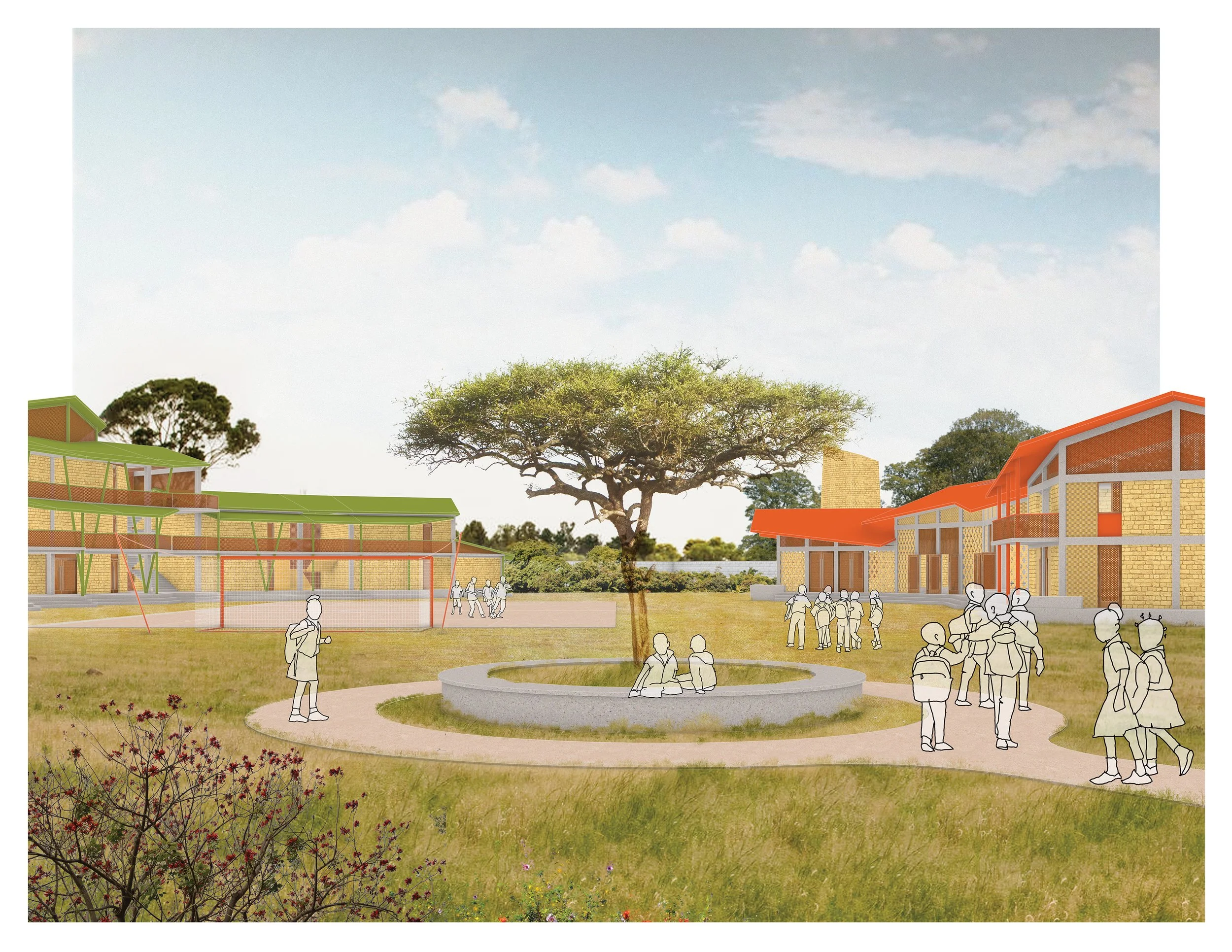 Architectural rendering of the Rising Hope Community showing buildings, trees, and people gathered around a circular bench, with a large tree at the center and colorful buildings with orange and green roofs in the background.