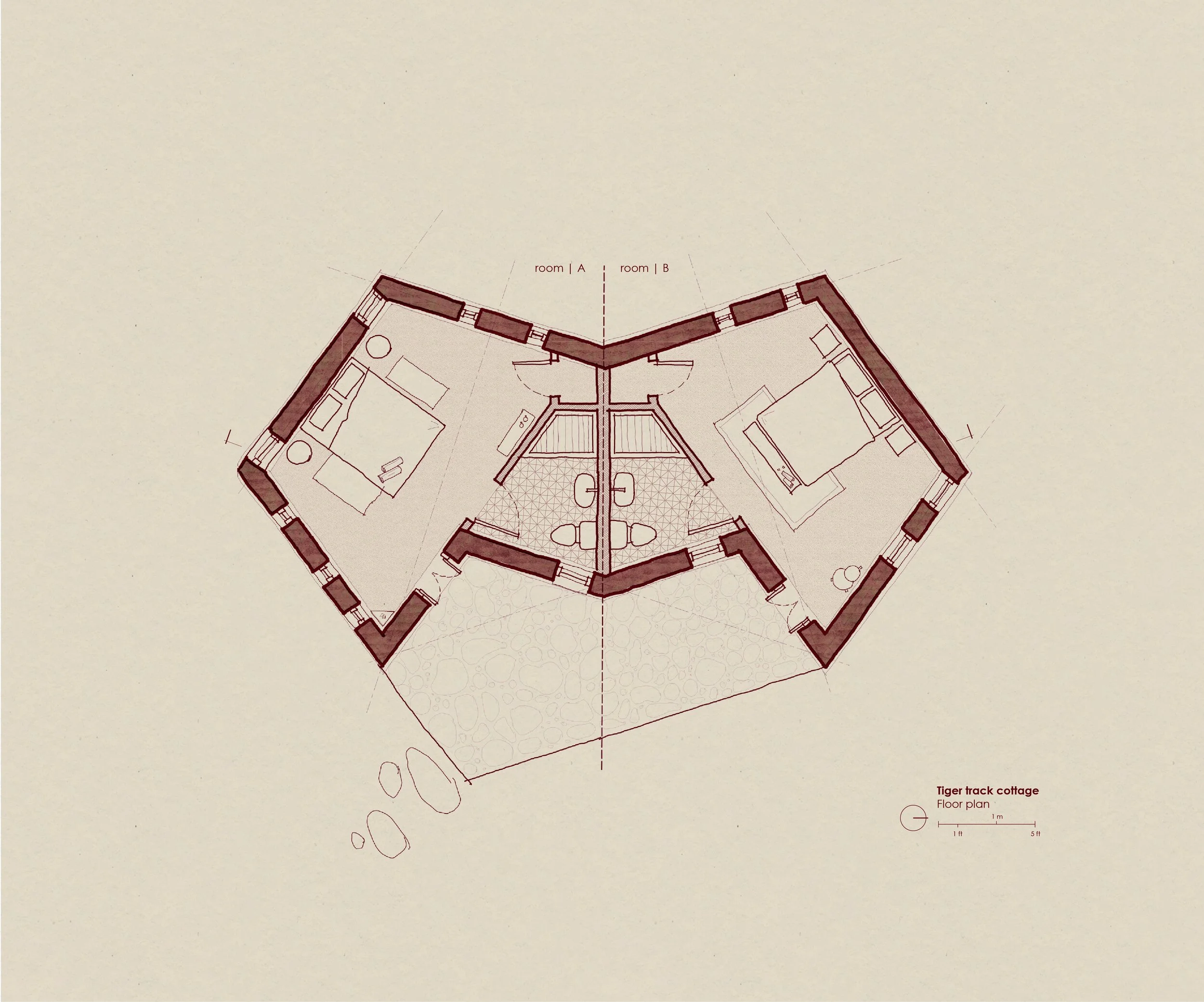 Architectural floor plan of a cottage labeled 'Tiger track cottage' with rooms, walls, and furniture layout.