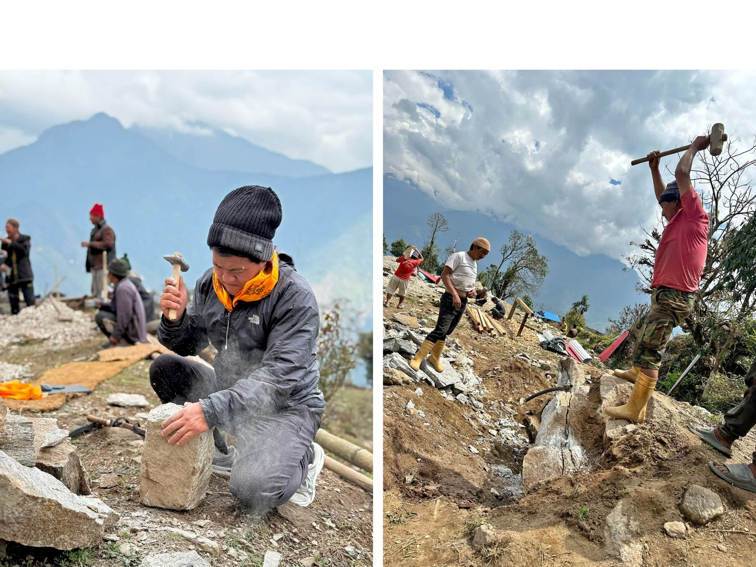 Villagers prepare stone from the site for the construction of the Ekuwa Health Post.