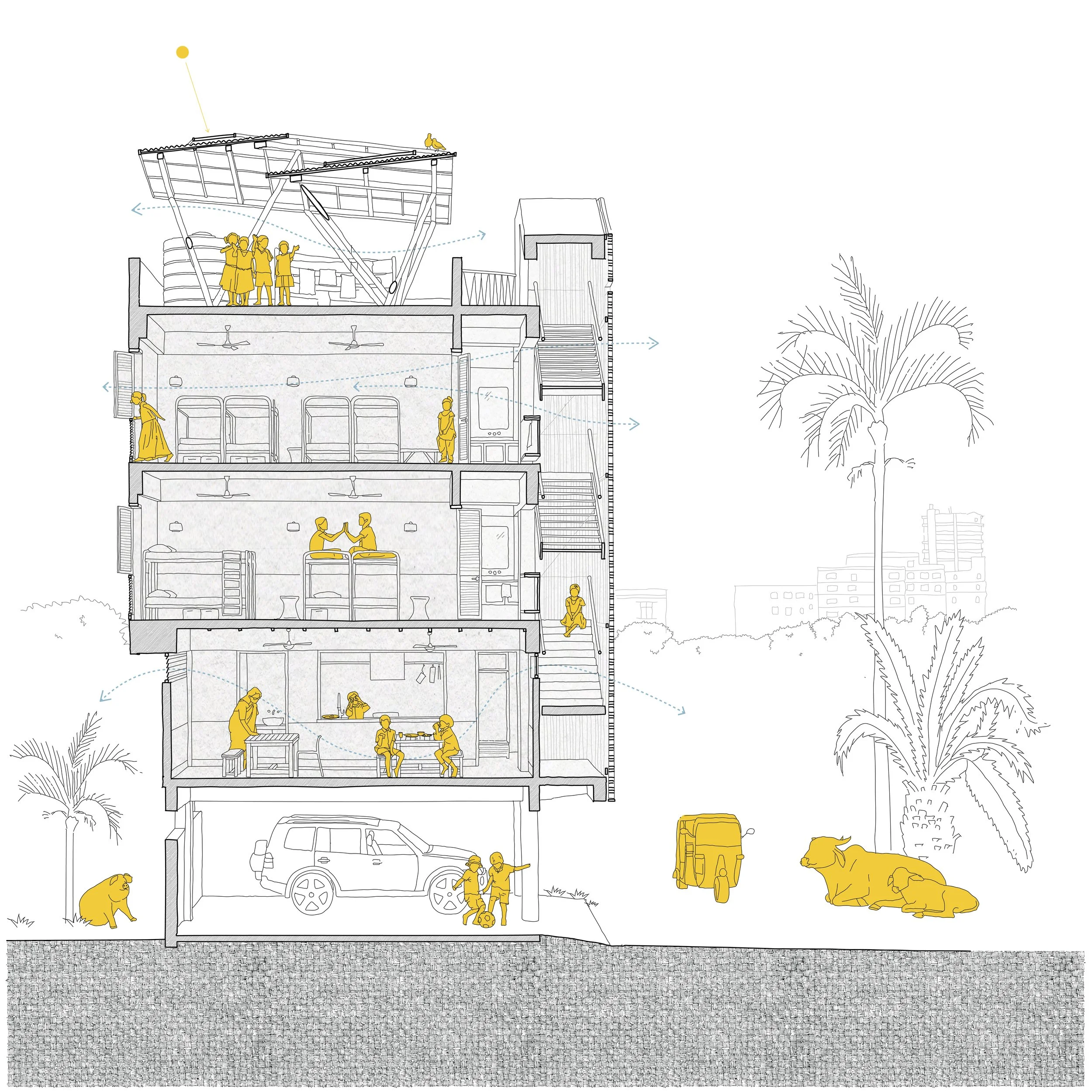 Cross-sectional architectural drawing of a multi-story building with detailed interior layouts on each floor, outdoor palm trees, and several people and animals, including a dog, throughout the scenes.