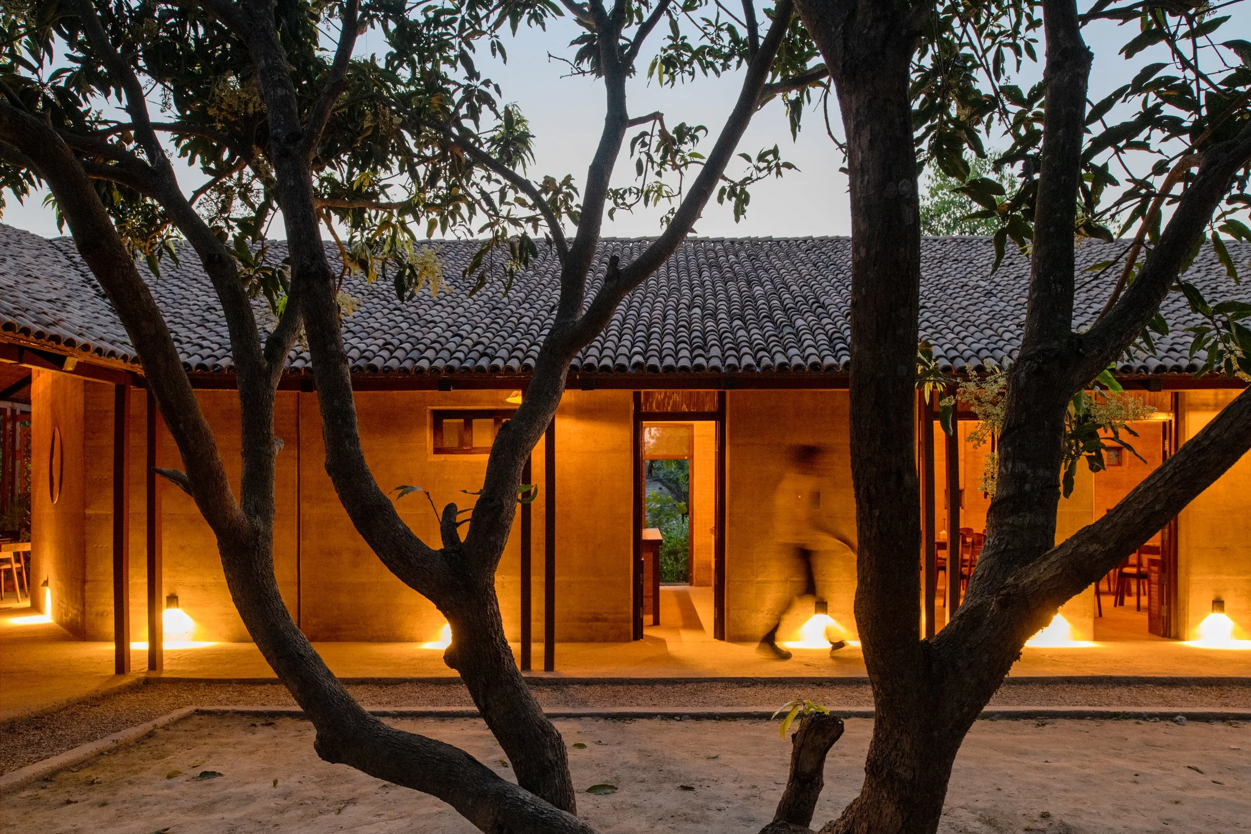 A house with a tiled roof illuminated from below with warm lighting, surrounded by trees with branches and leaves in the foreground, during dusk or evening.