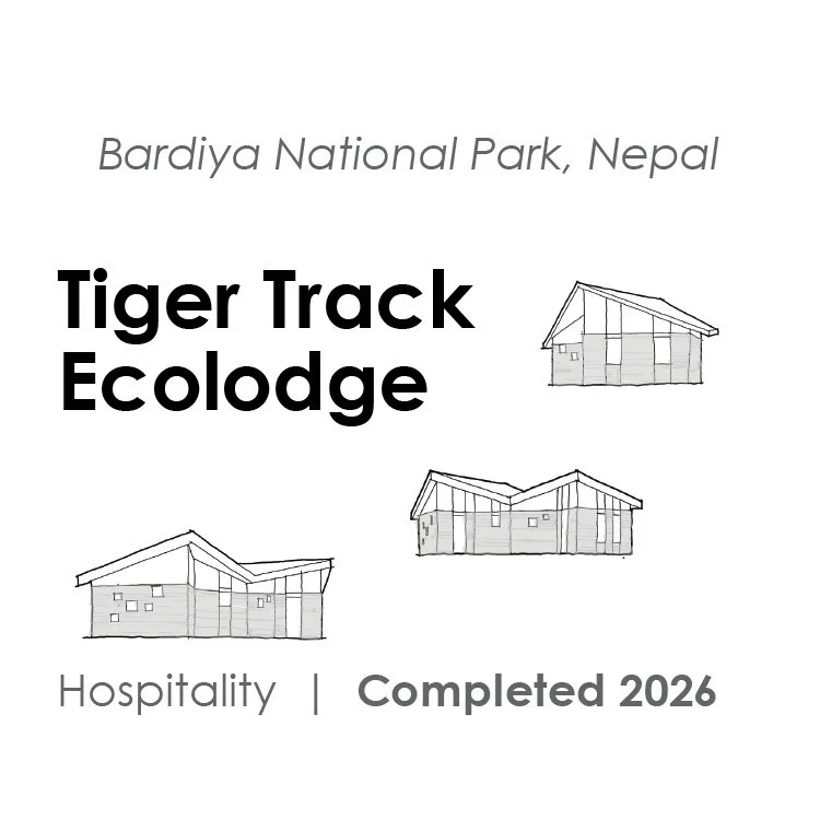 Line drawing icon of the Tiger Track Ecolodge, a hospitality and conservation project serving Bardiya National Park project in Nepal, completed in 2026.