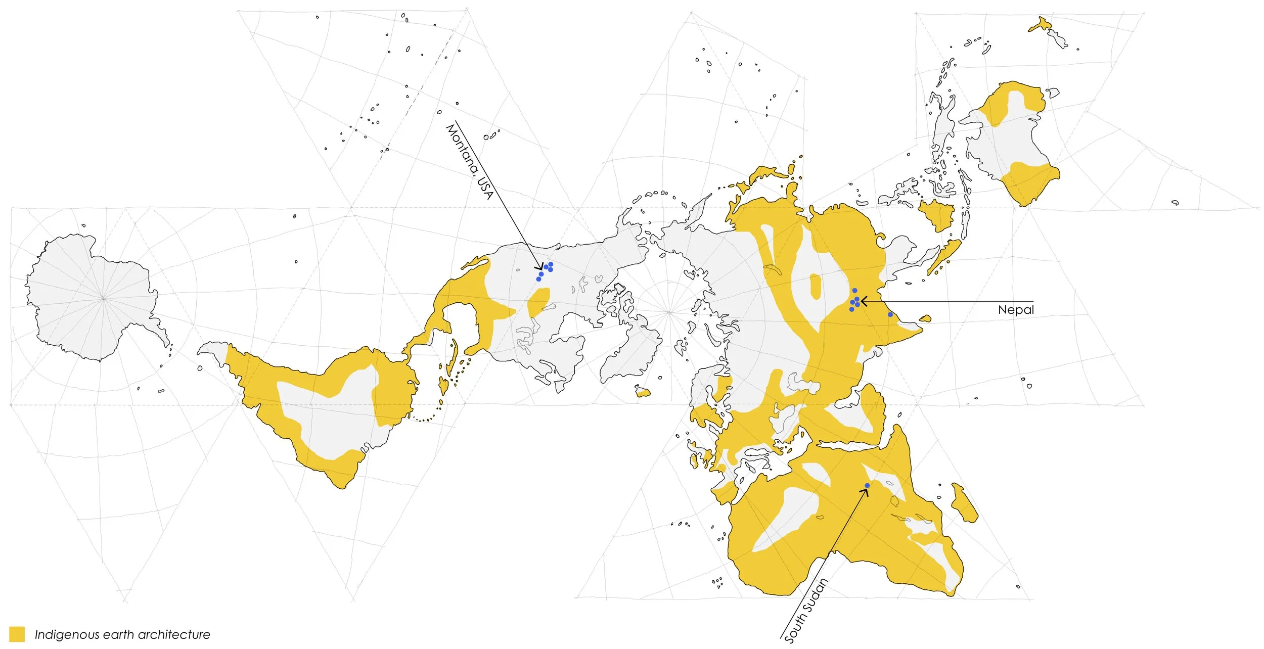 A world map highlighting Building Bureau's projects around the globe overlaid on regions of indigenous earth architecture.