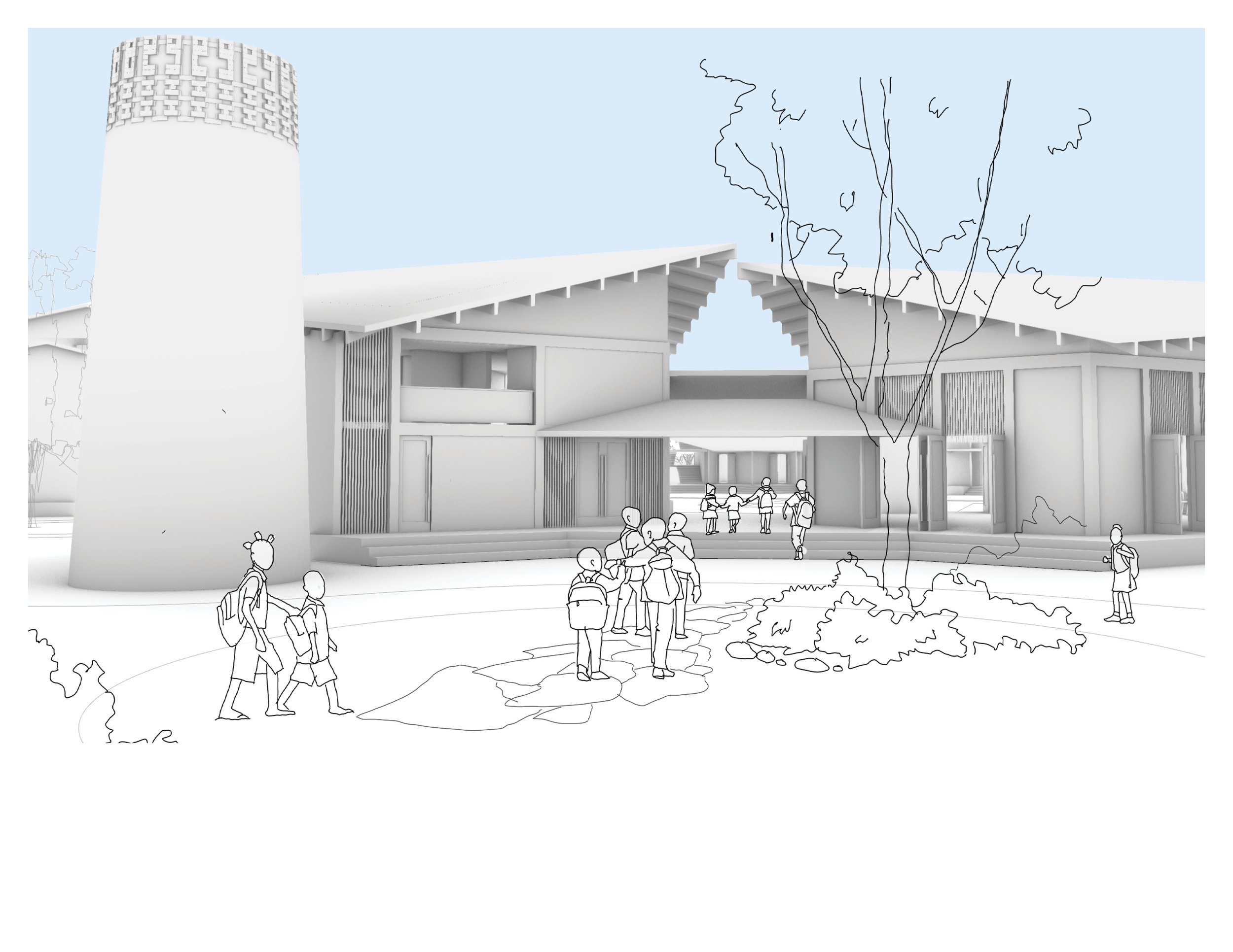 Rendering of the Rising Hope Community in South Sudan, with children in the foreground, trees, and a tower to the left.
