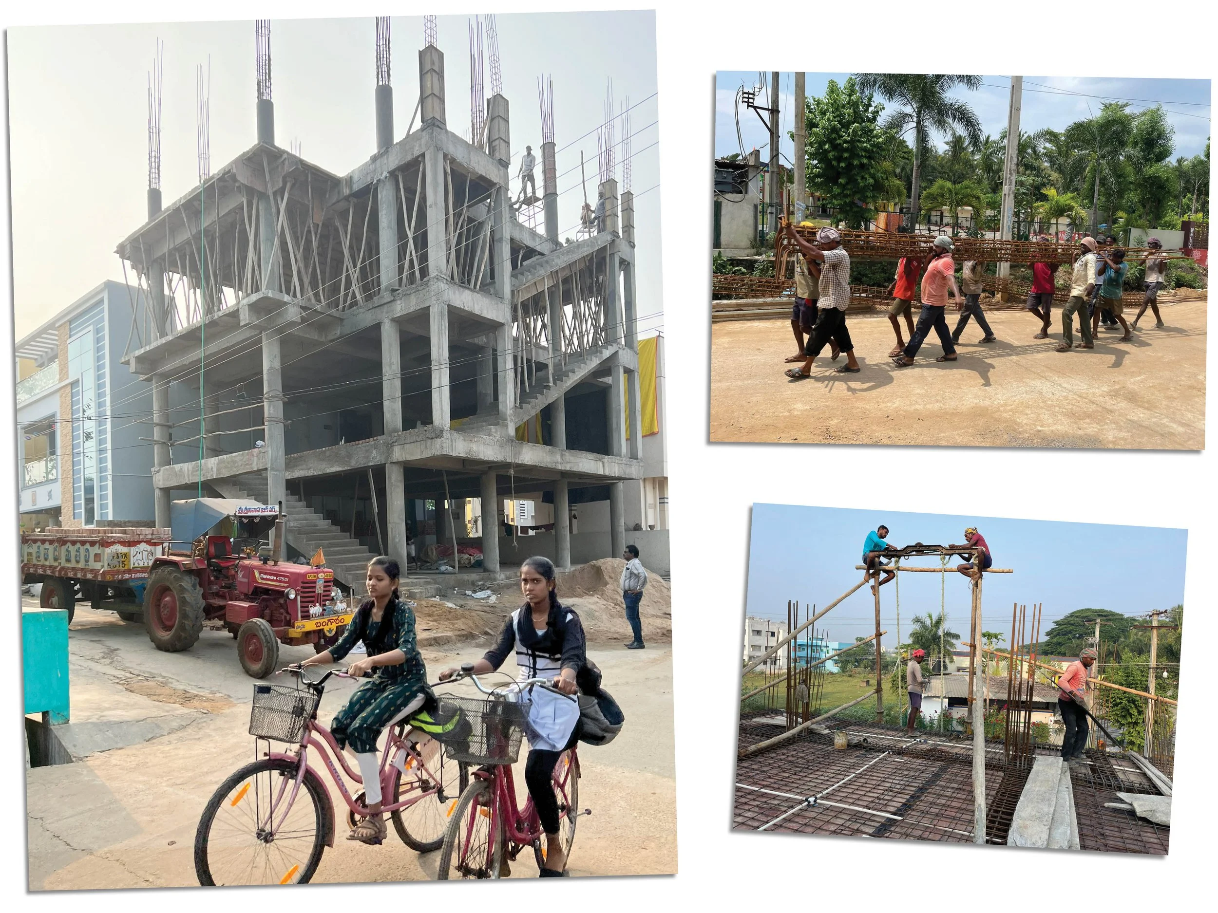 Images of construction sites and workers: the first shows a building under construction with concrete and steel reinforcement; the second depicts a group of people carrying a long metal frame; the third shows people working with rebar and scaffolding