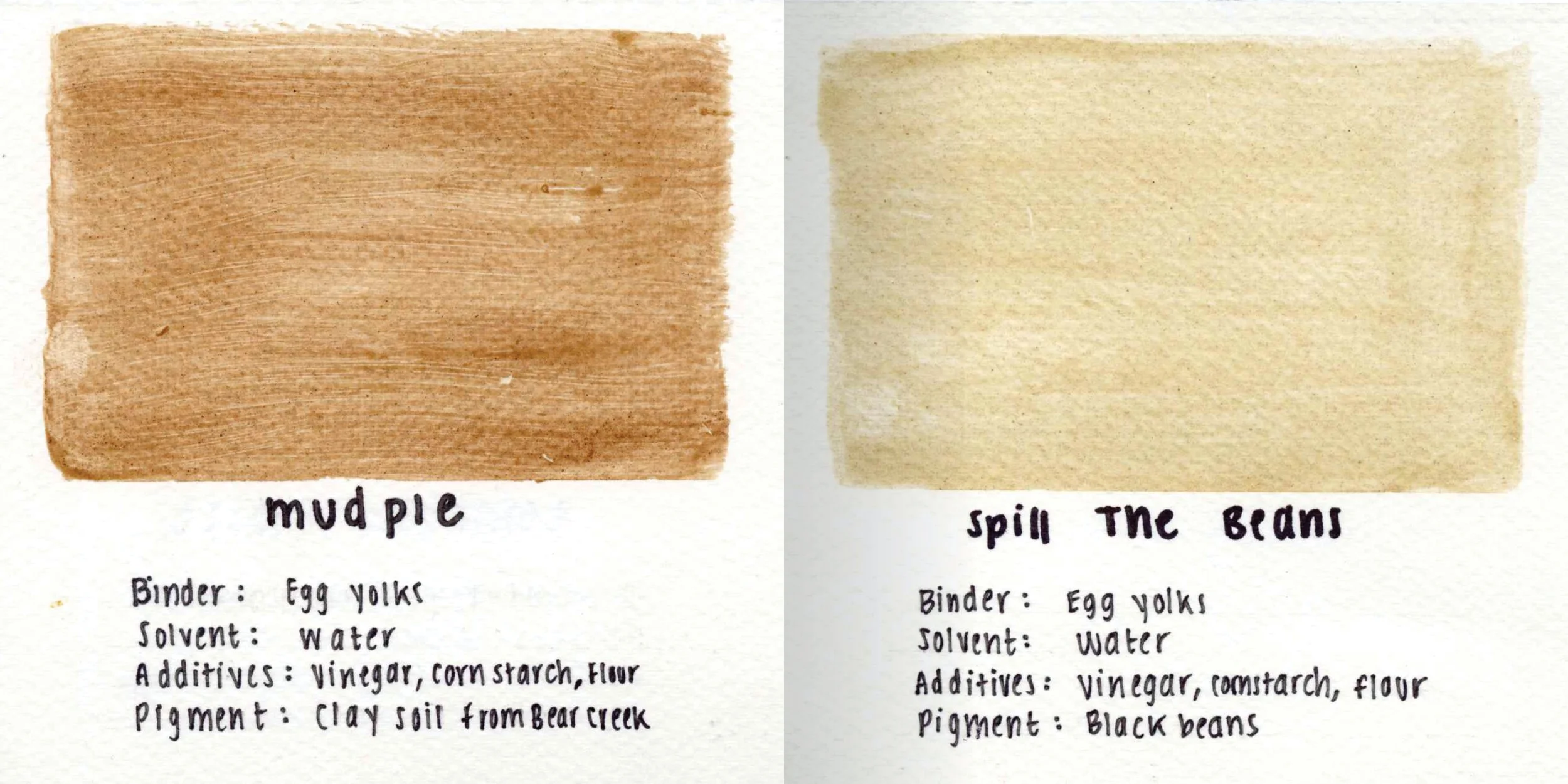 "Mud Pie" and "Spill the Beans" organic pigments made from clay soils with egg yolk as a binder.