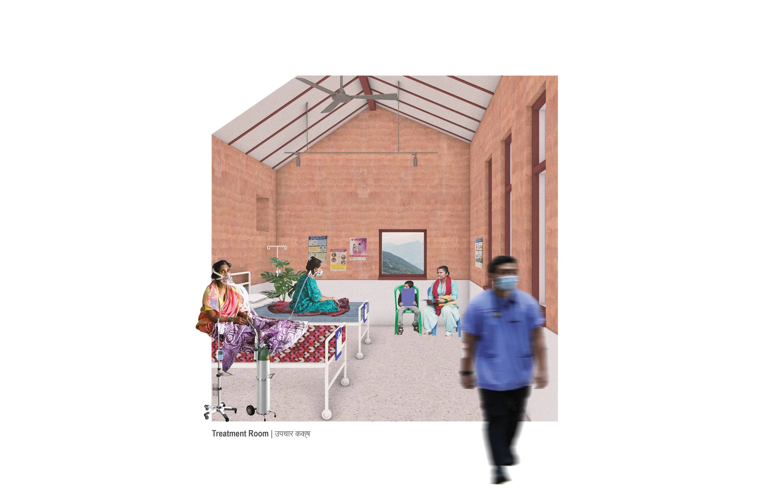 Rendered interior view of the Ekuwa Health Post in Nepal showing patients and doctors. 