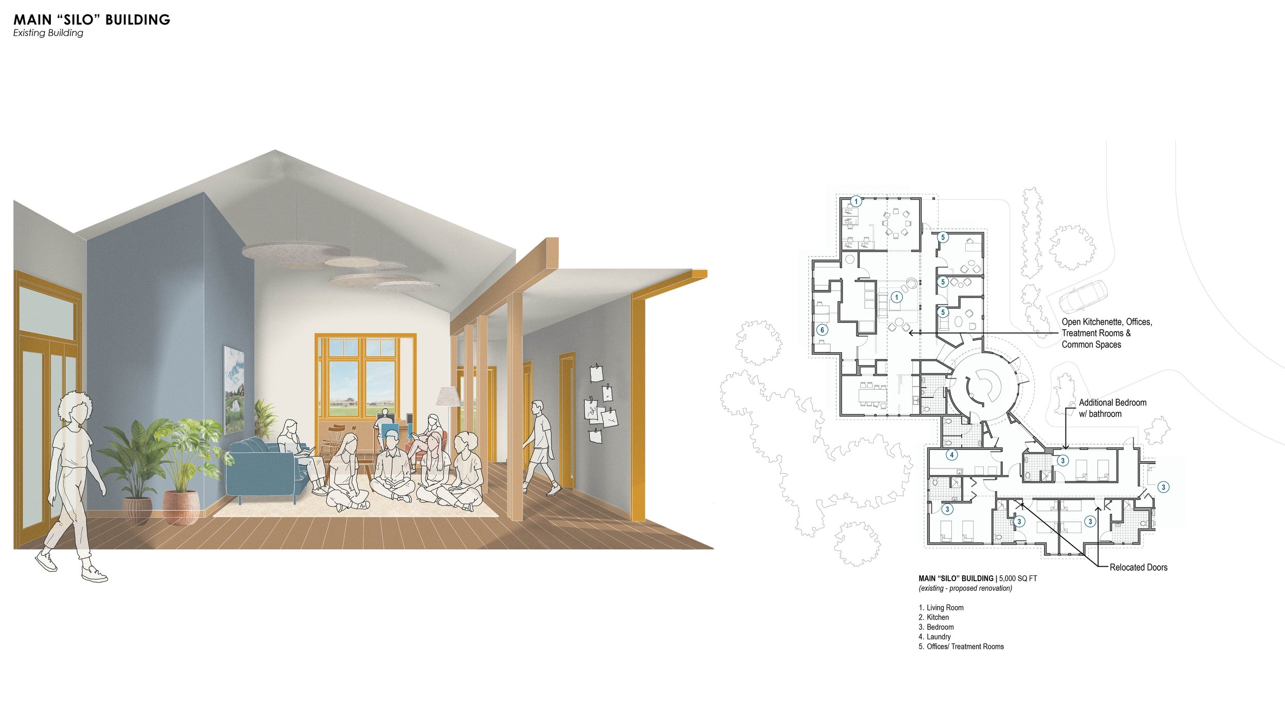 A floor plan and an interior rendering of the Main Silo building of the Lighthouse Ranch in Montana.