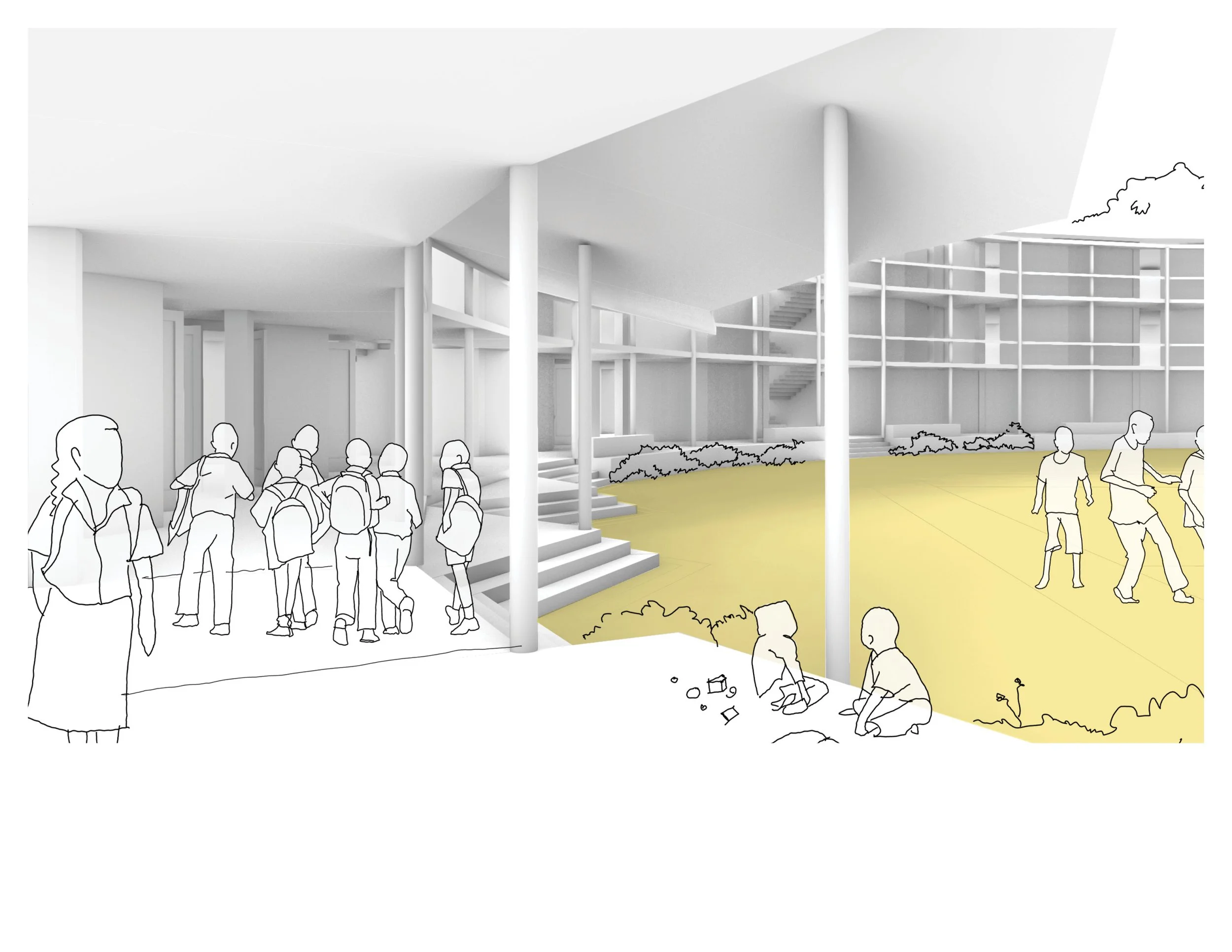Rendering of the Rising Hope school with covered walkway surrounding a central playing field.