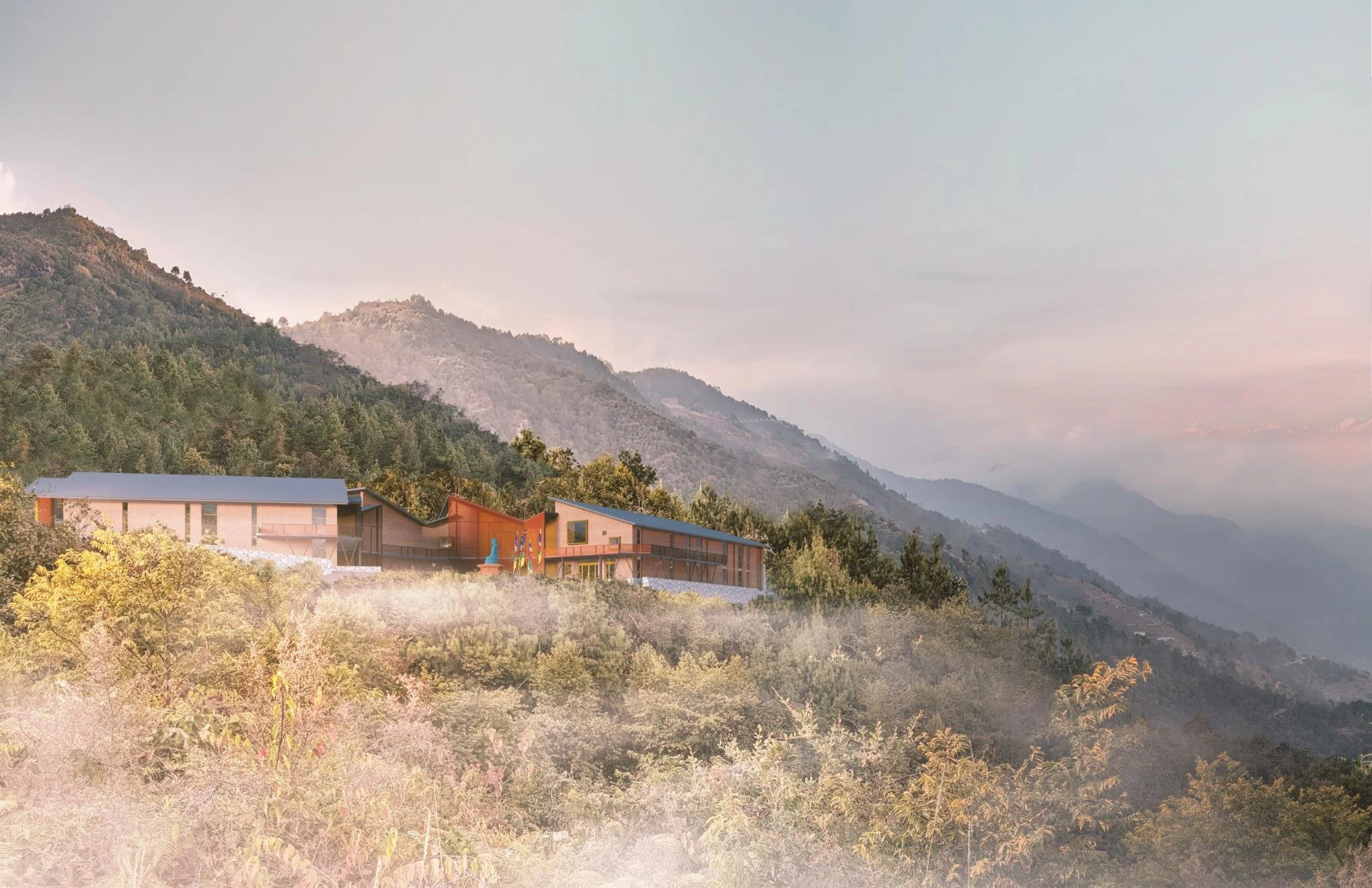 A rendered view of the Helambu Hospital set among the hillside of the Helambu Valley.