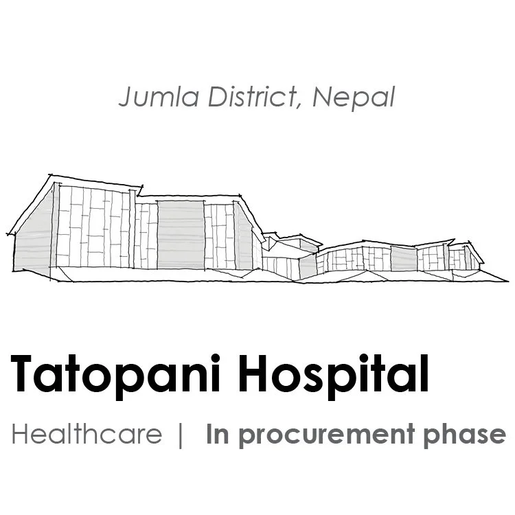 Line drawing icon of the Tatopani Hospital, a healthcare project in Jumla District, Nepal currently in the procurement phase.