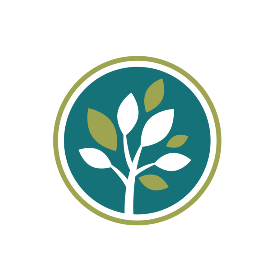 Logo with a stylized tree with green and white leaves inside a circular border.